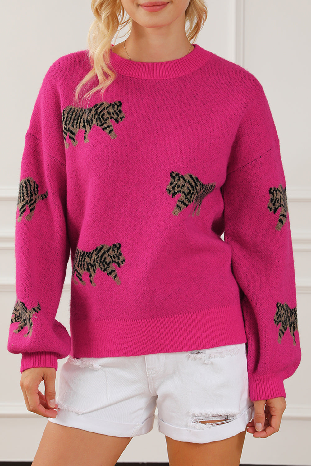 Rose Red Fierce Animal Pattern Casual Knitted Sweater