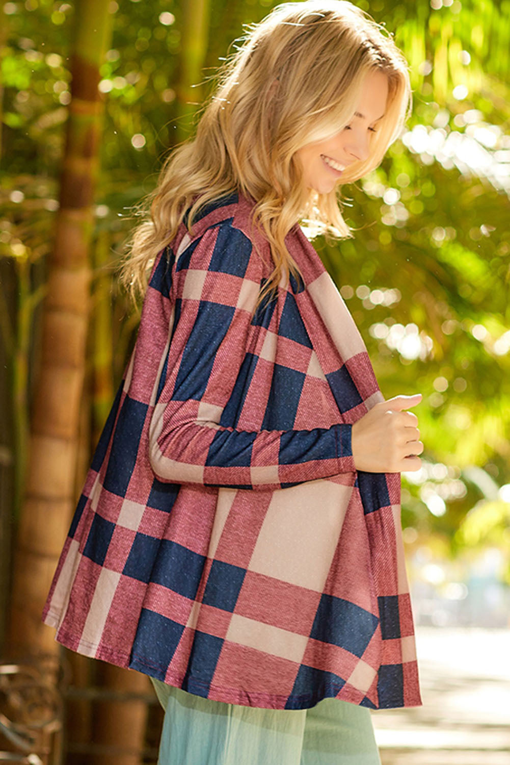 Red Plaid Casual Draped Open Front Cardigan