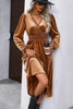 Camel Wrap V Neck Smocked High Waist Velvet Midi Dress