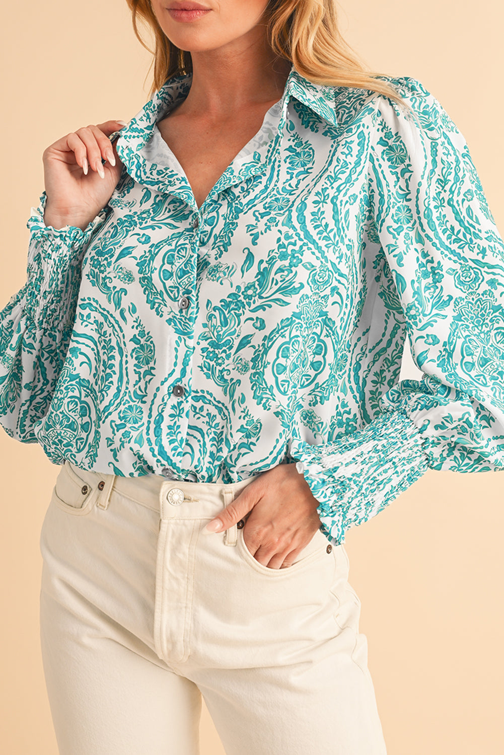 Green Paisley Print Smocked Cuffs Buttoned Loose Shirt