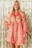 Peach Blossom Metallic Sheen Puff Sleeve Button Up Mini Shirt Dress