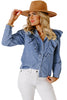 Dusk Blue Denim Button Front Ruffle Decor Long Sleeve Blouse