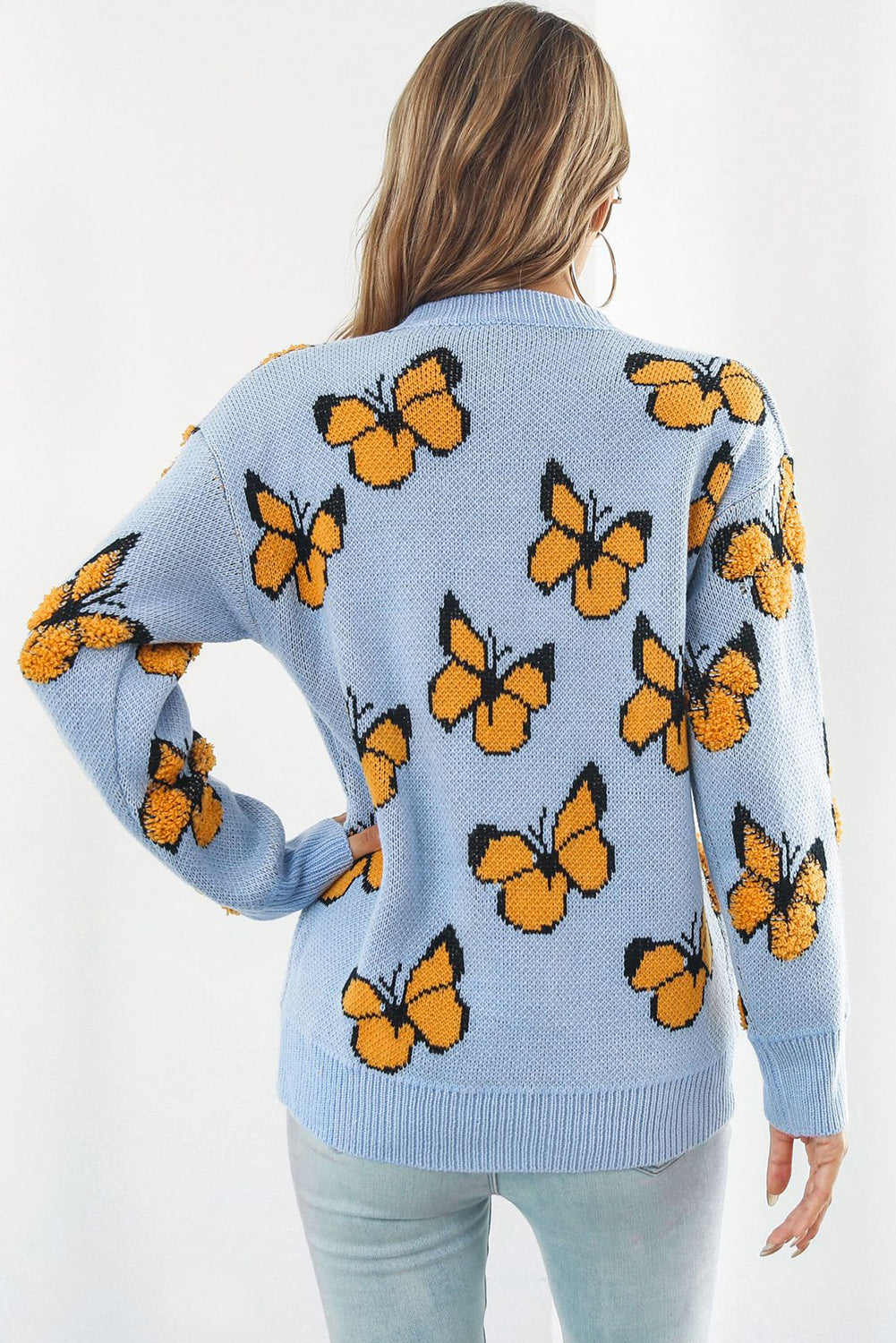 Sky Blue Dimensional Butterfly Pattern Round Neck Sweater