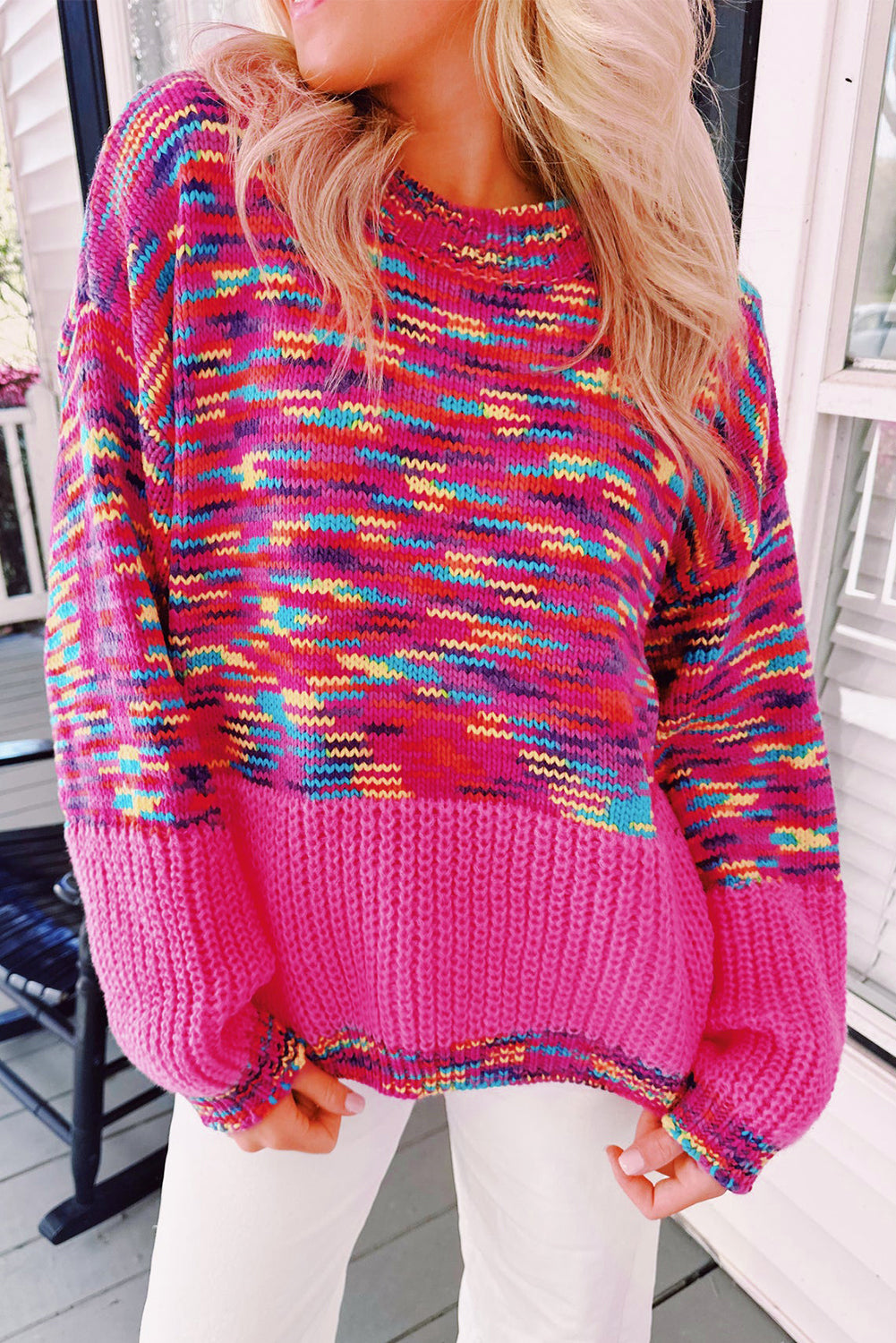 Bright Pink Confetti Drop Shoulder Crewneck Sweater