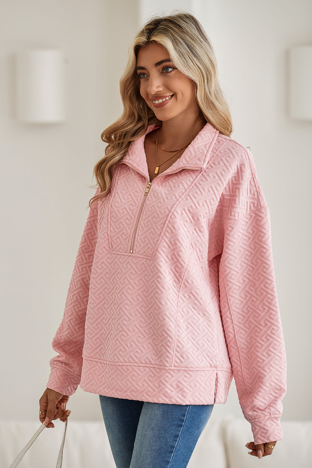 Light Pink Solid Textured Half Zipper Collared Sweatshirt