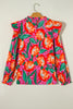 Rose Floral Print Pleated Ruffled O Neck Plus Size Blouse