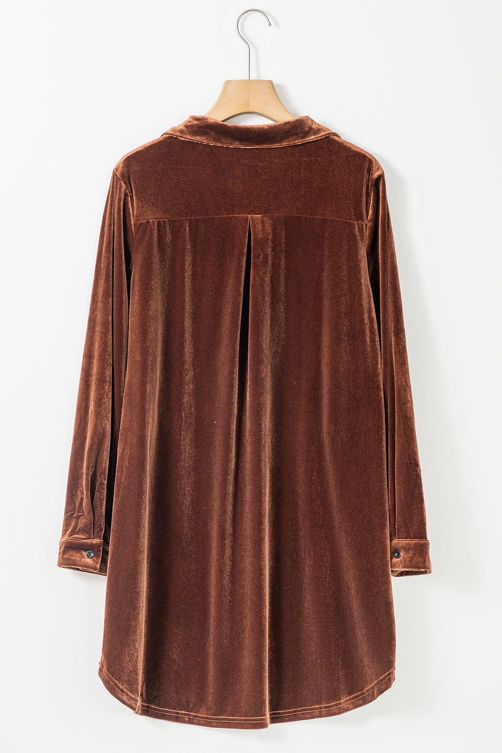 Coffee Collared V Neck Two Pockets Shift Velvet Tunic