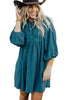 Light Blue Snap Button Empire Waist Lantern Sleeve Corduroy Dress