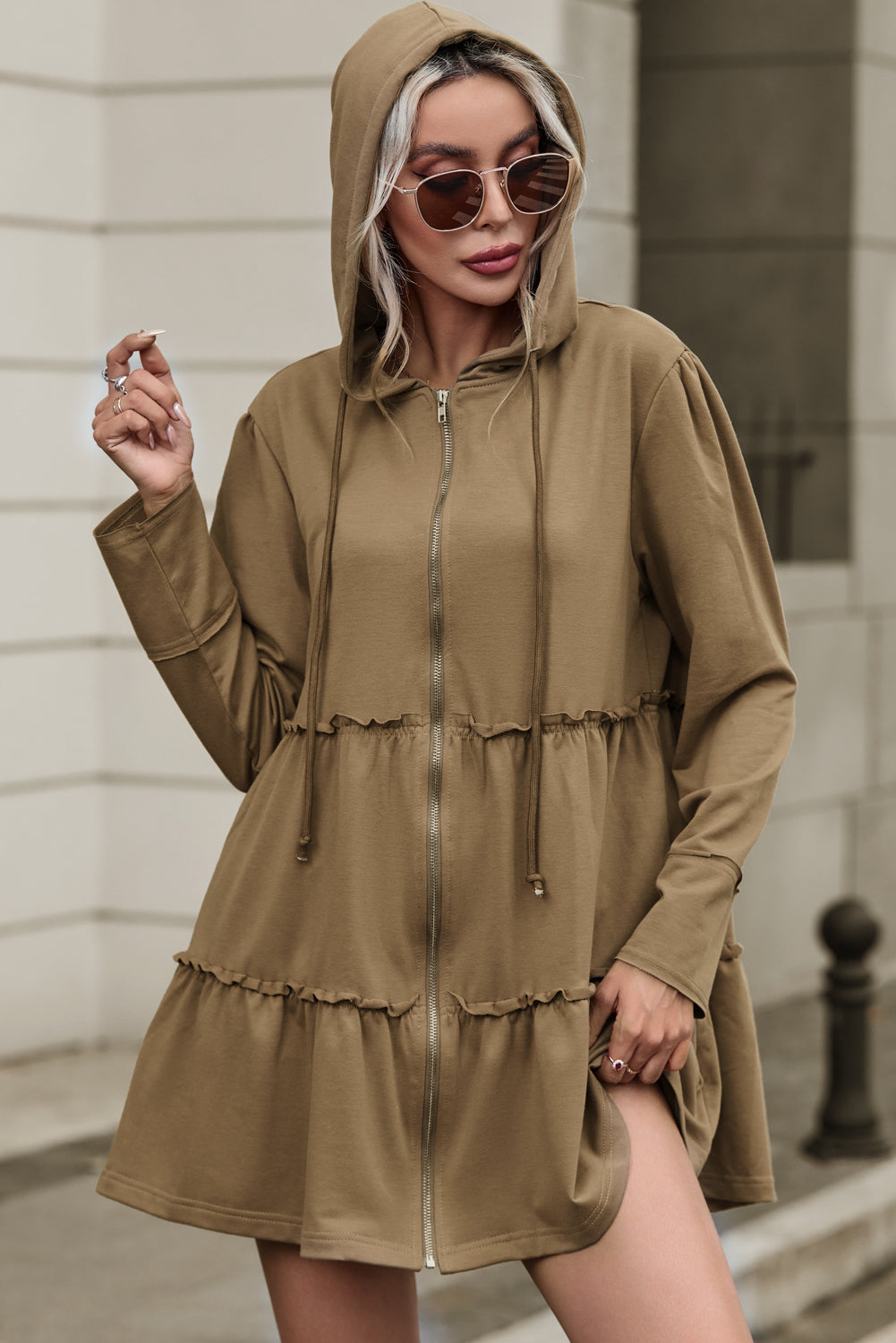 Khaki Tiered Ruffled Zip-Up Drawstring Hooded Jacket