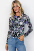 Black Floral Print Mesh Fitted Long Sleeve Top