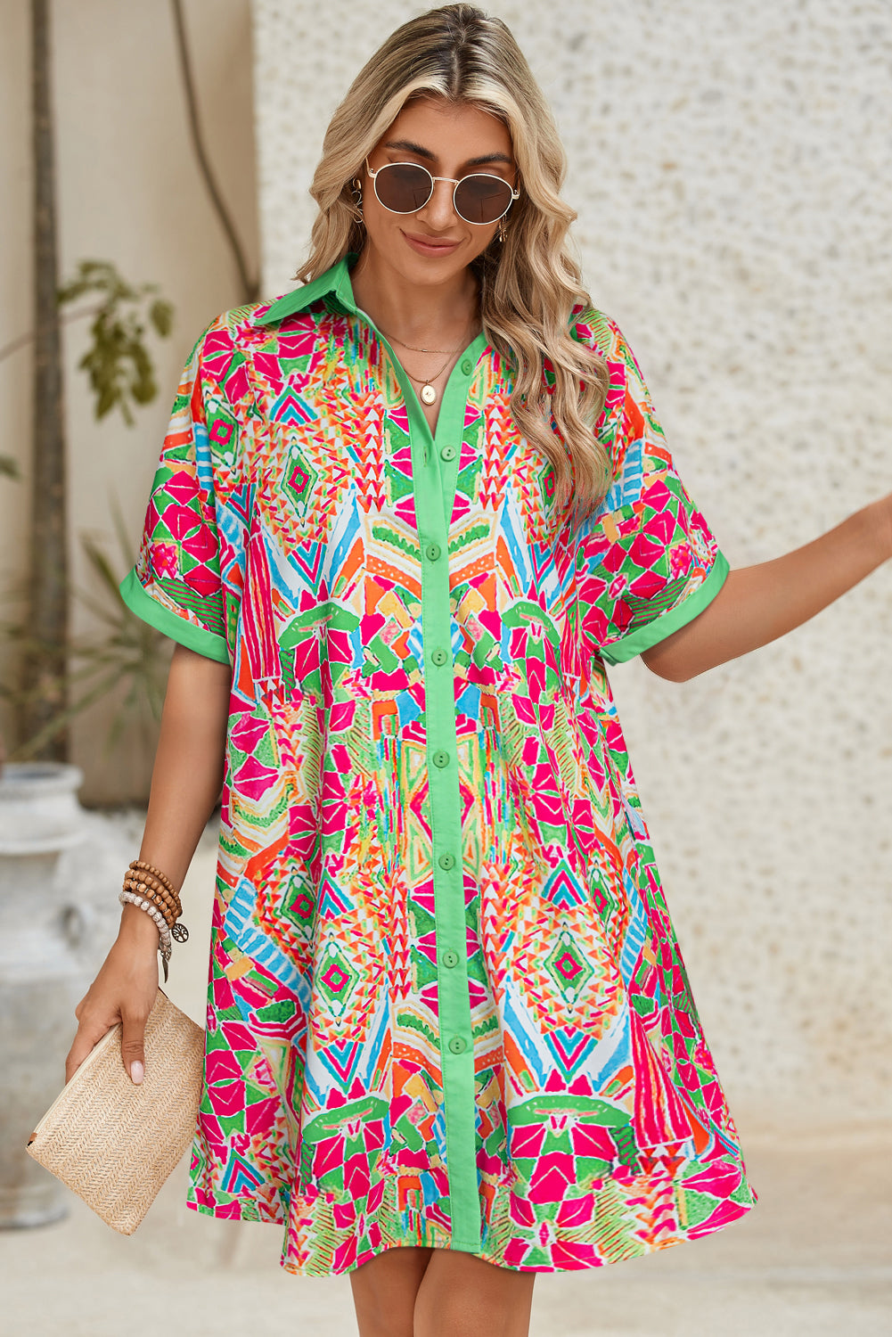 Orange Geometric Print Contrast Trim Short Sleeve Shirt Dress