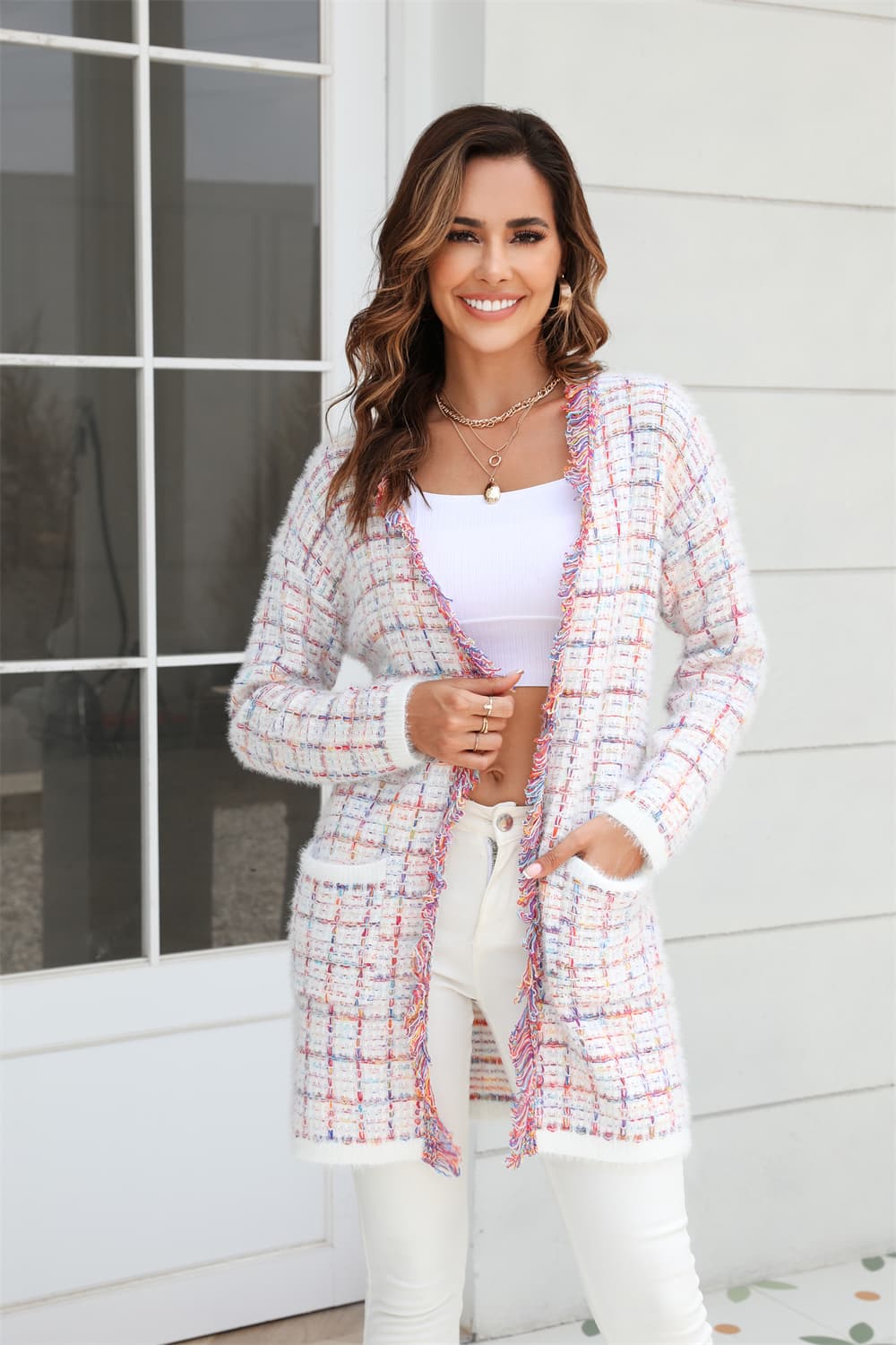 Angel Wings Plaid Fringe Trim Open Front Longline Cardigan