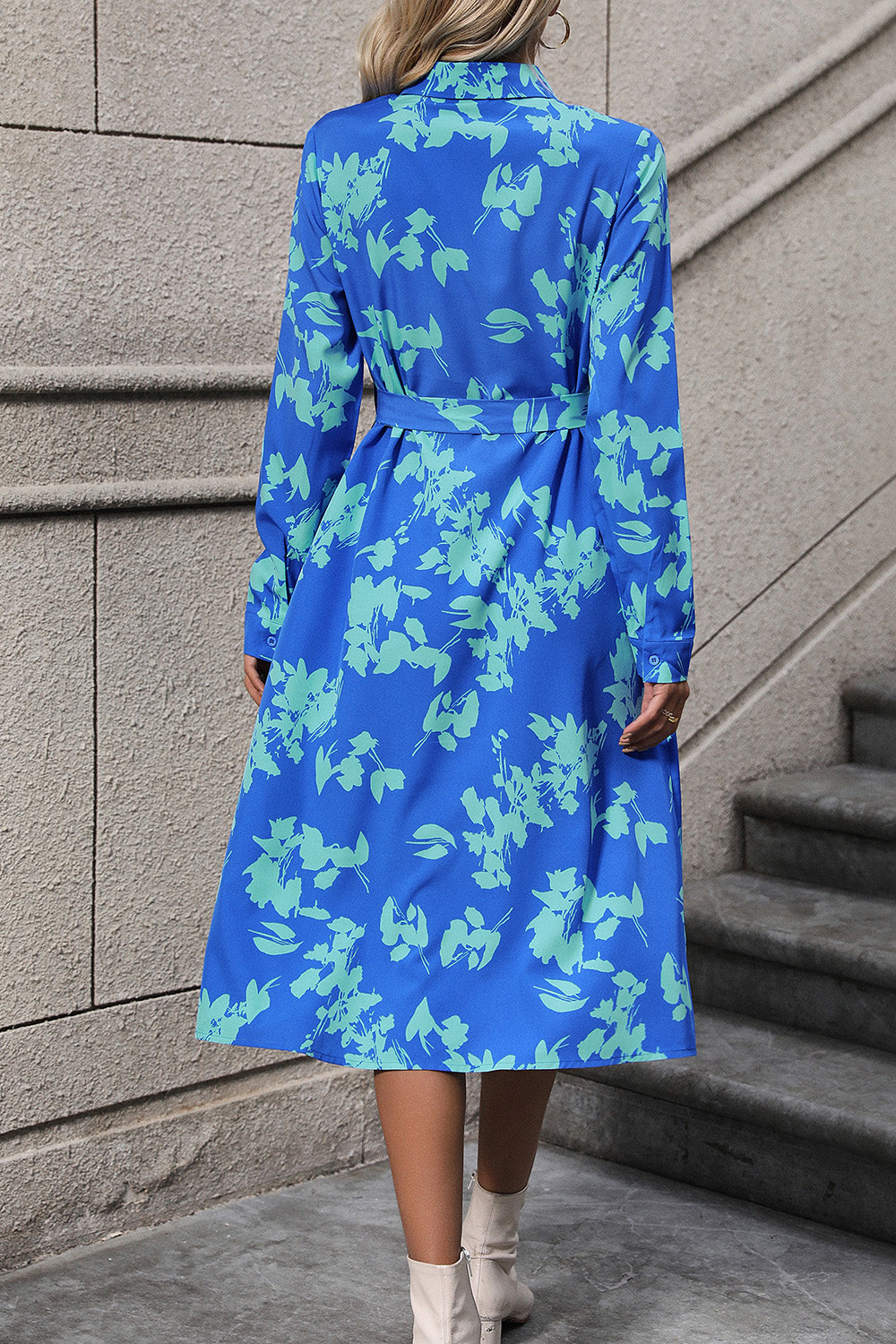 Perfee Printed Button Up Tie Waist Dress