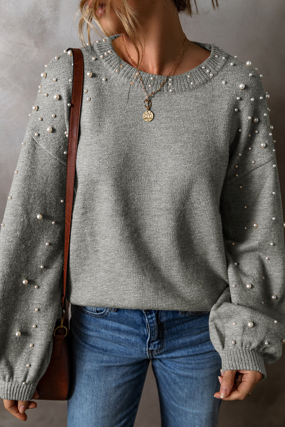 Evergreen Pearl Drop Shoulder Round Neck Sweater