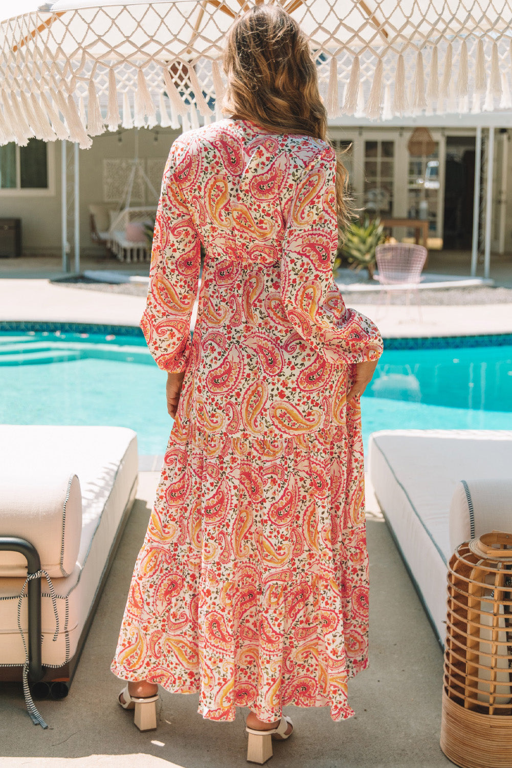 Orange Boho Holiday Paisley Print Tiered Long Sleeve Maxi Dress