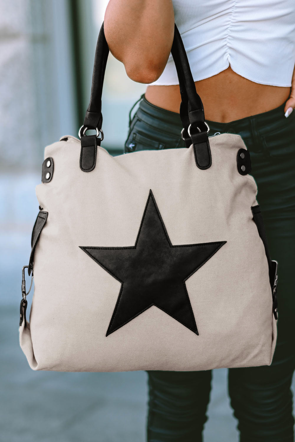 Beige Casual Star Patched Canvas Tote Bag