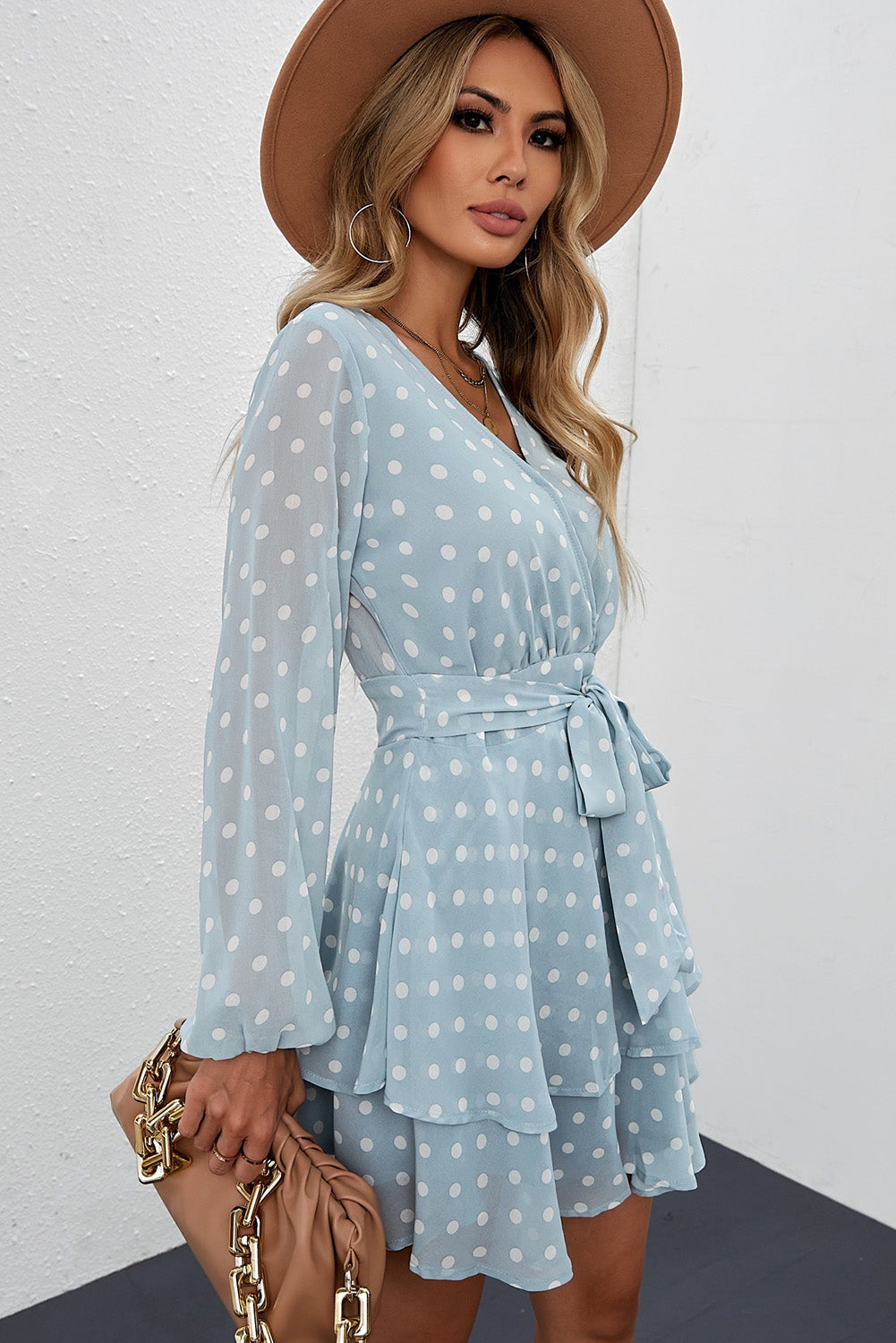 Tied Layered Polka Dot Balloon Sleeve Dress