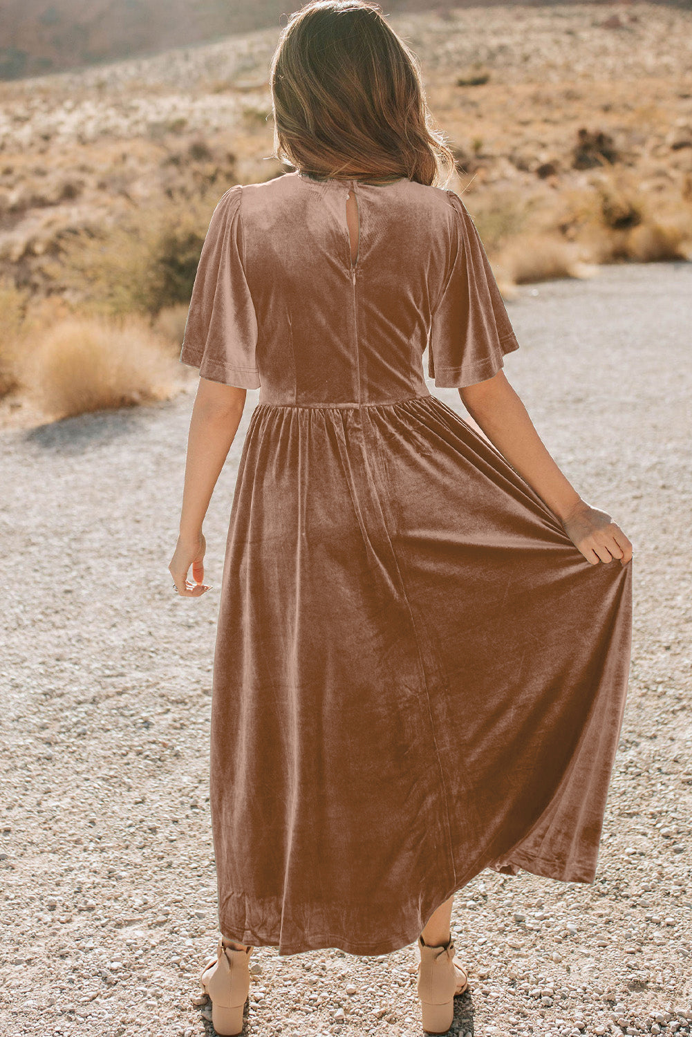 Chestnut Velvet Lacy V Neckline Empire Waist Flowy Maxi Dress