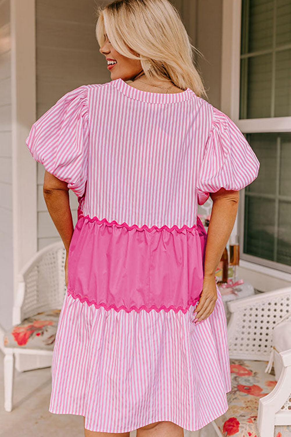 Pink Ricrac Block Accent Puff Short Sleeve Flowy Plus Tunic