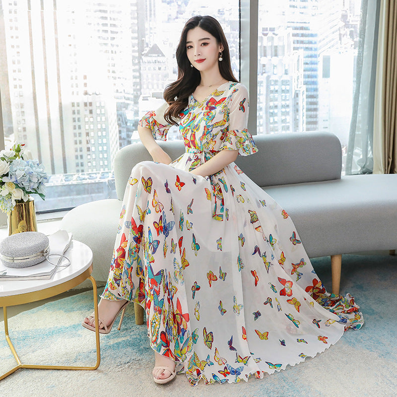 Summer New Arrival Elegant V Collar Flare Sleeve Butterfly Printed Women Chiffon Long Dress Plus Size M-4XL