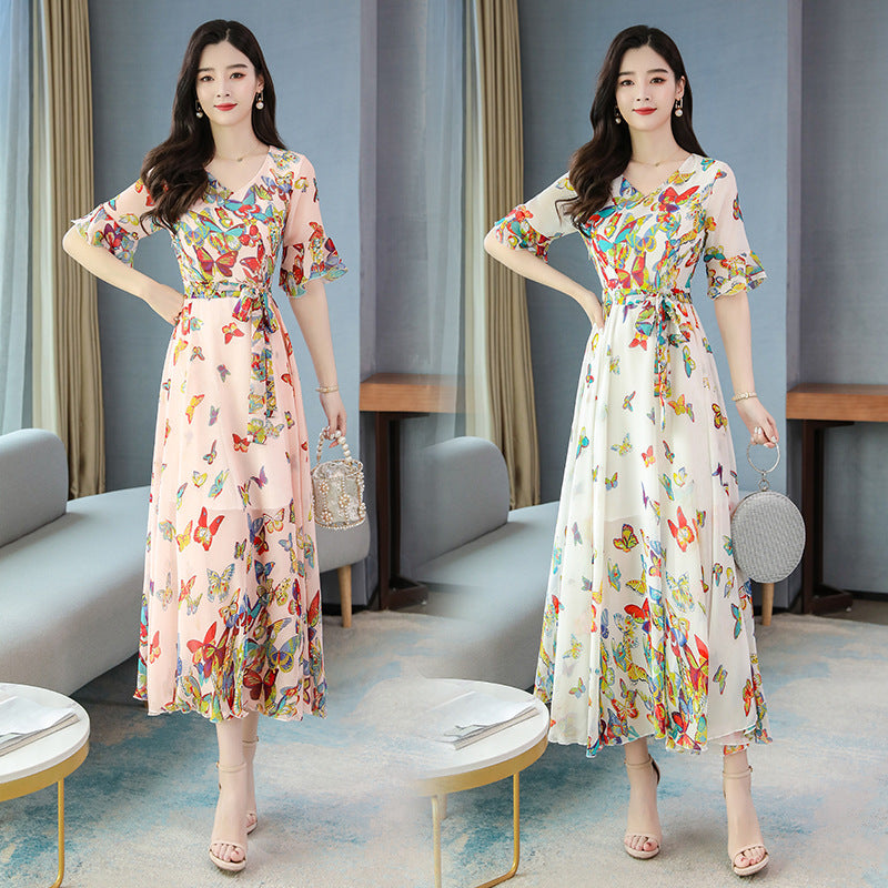 Summer New Arrival Elegant V Collar Flare Sleeve Butterfly Printed Women Chiffon Long Dress Plus Size M-4XL