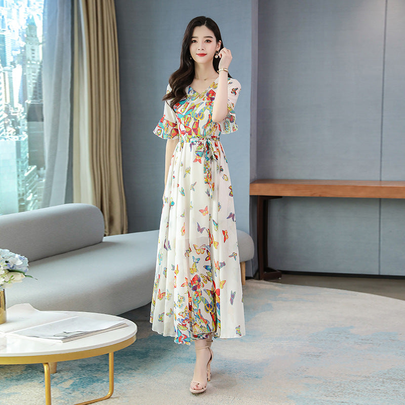 Summer New Arrival Elegant V Collar Flare Sleeve Butterfly Printed Women Chiffon Long Dress Plus Size M-4XL