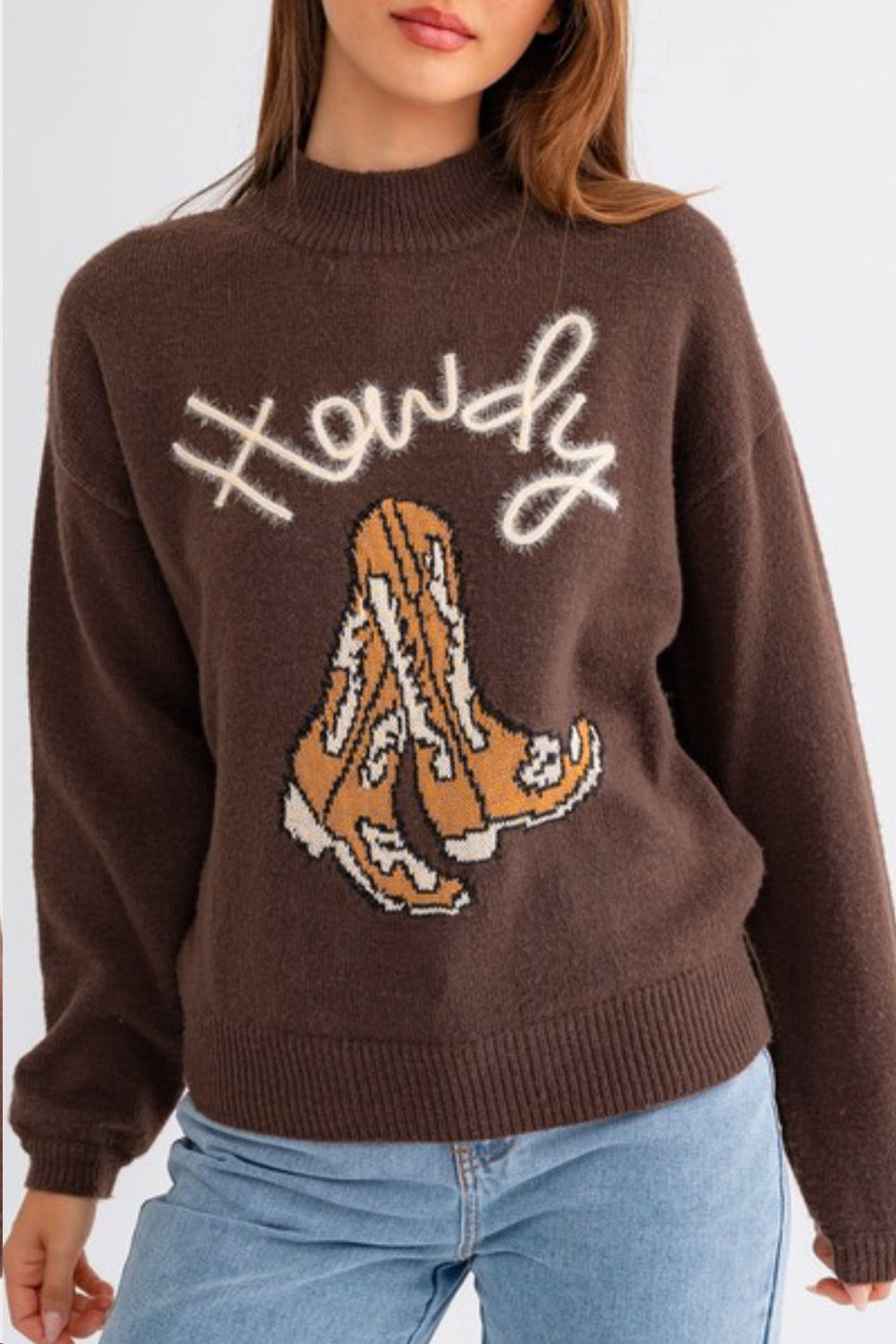 Coffee Howdy Boot Graphic High Neck Sweater