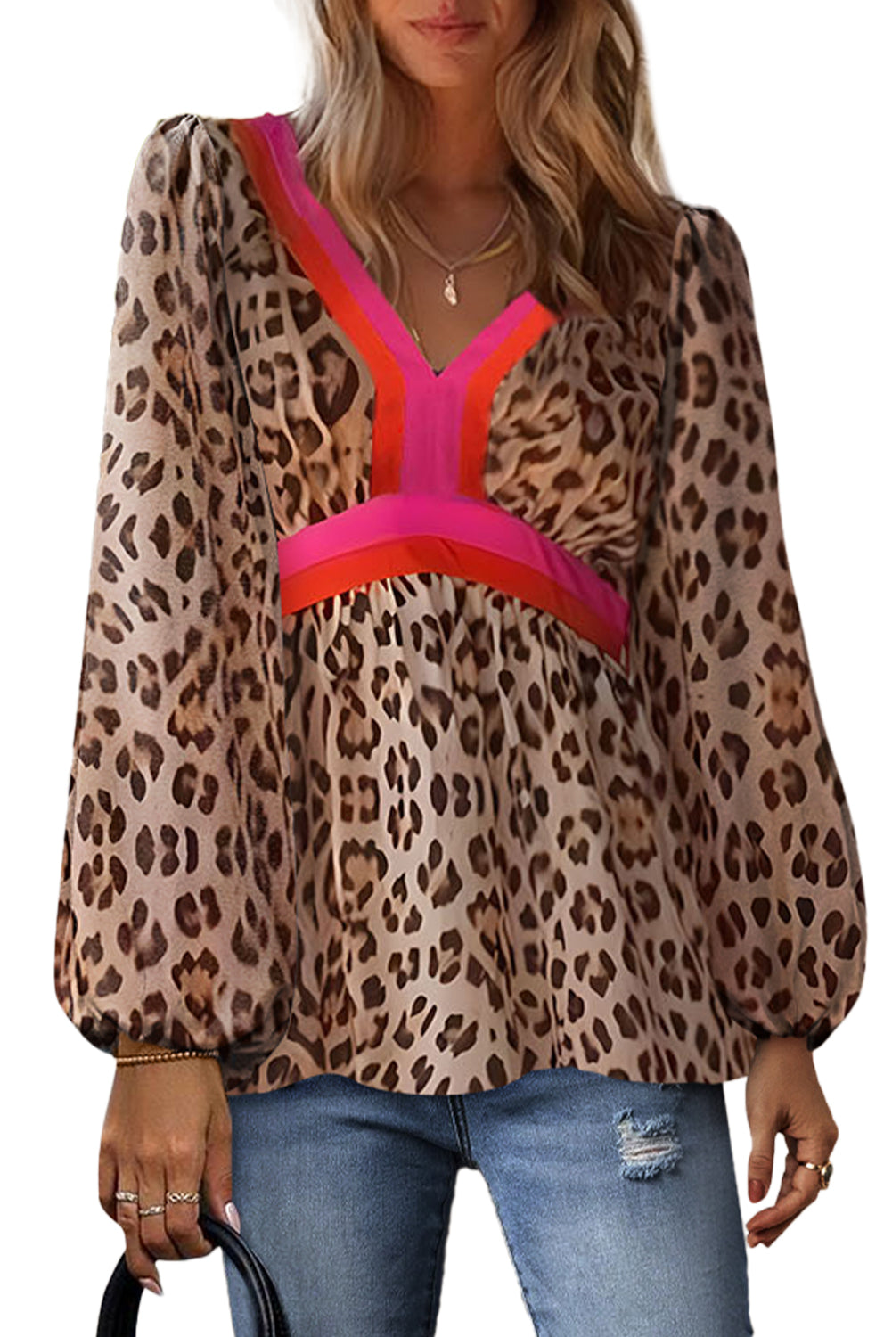 Khaki Cheetah Color Block V Neck Balloon Sleeve Blouse