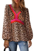 Khaki Cheetah Color Block V Neck Balloon Sleeve Blouse