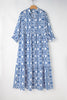 Sky Blue Ethnic Geometric Print Notch Neck Plus Size Maxi Dress