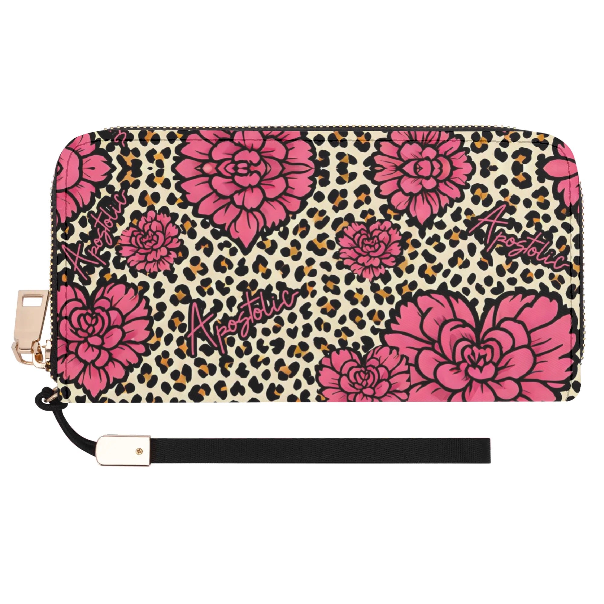 Apostolic Ladies Leopard Print Wristlet Wallet with Pink Flowers and Zipper