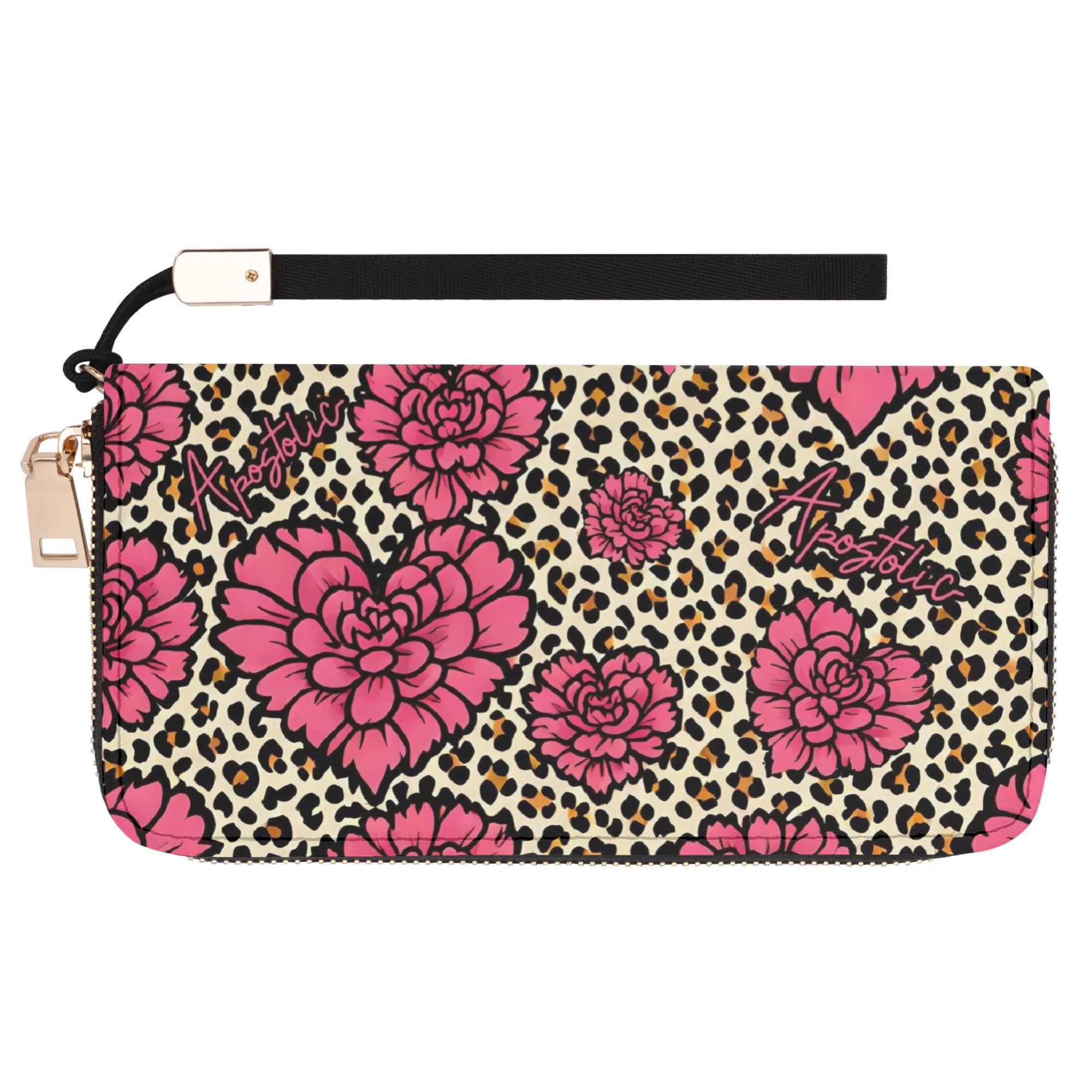 Apostolic Ladies Leopard Print Wristlet Wallet with Pink Flowers and Zipper