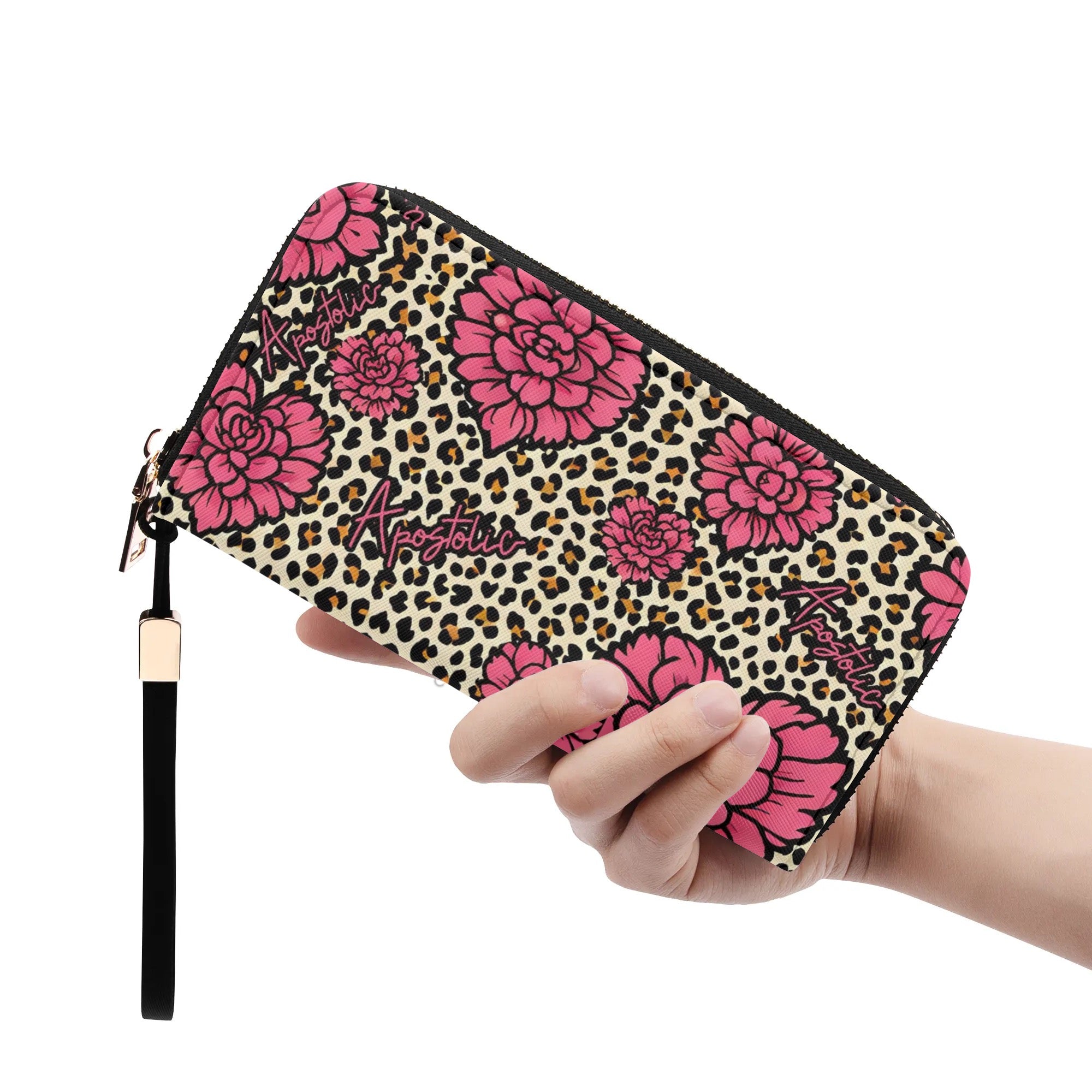 Apostolic Ladies Leopard Print Wristlet Wallet with Pink Flowers and Zipper