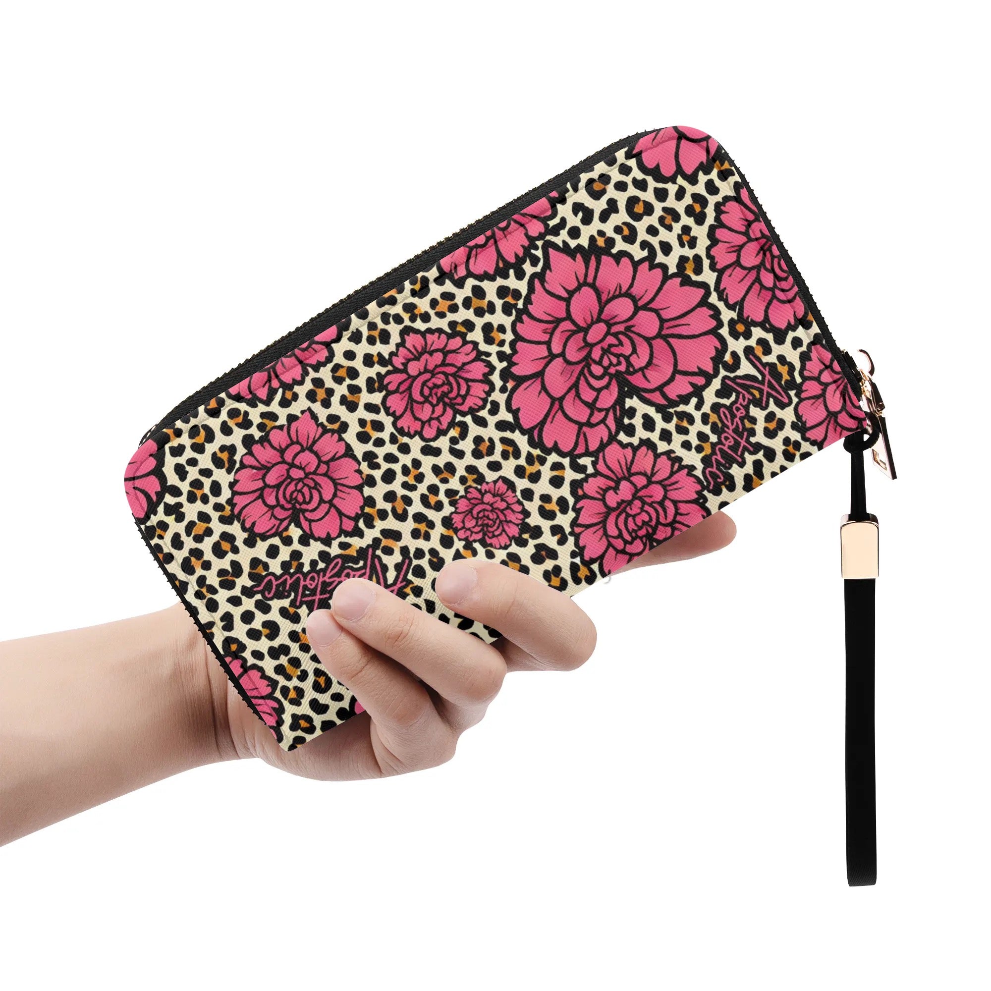 Apostolic Ladies Leopard Print Wristlet Wallet with Pink Flowers and Zipper