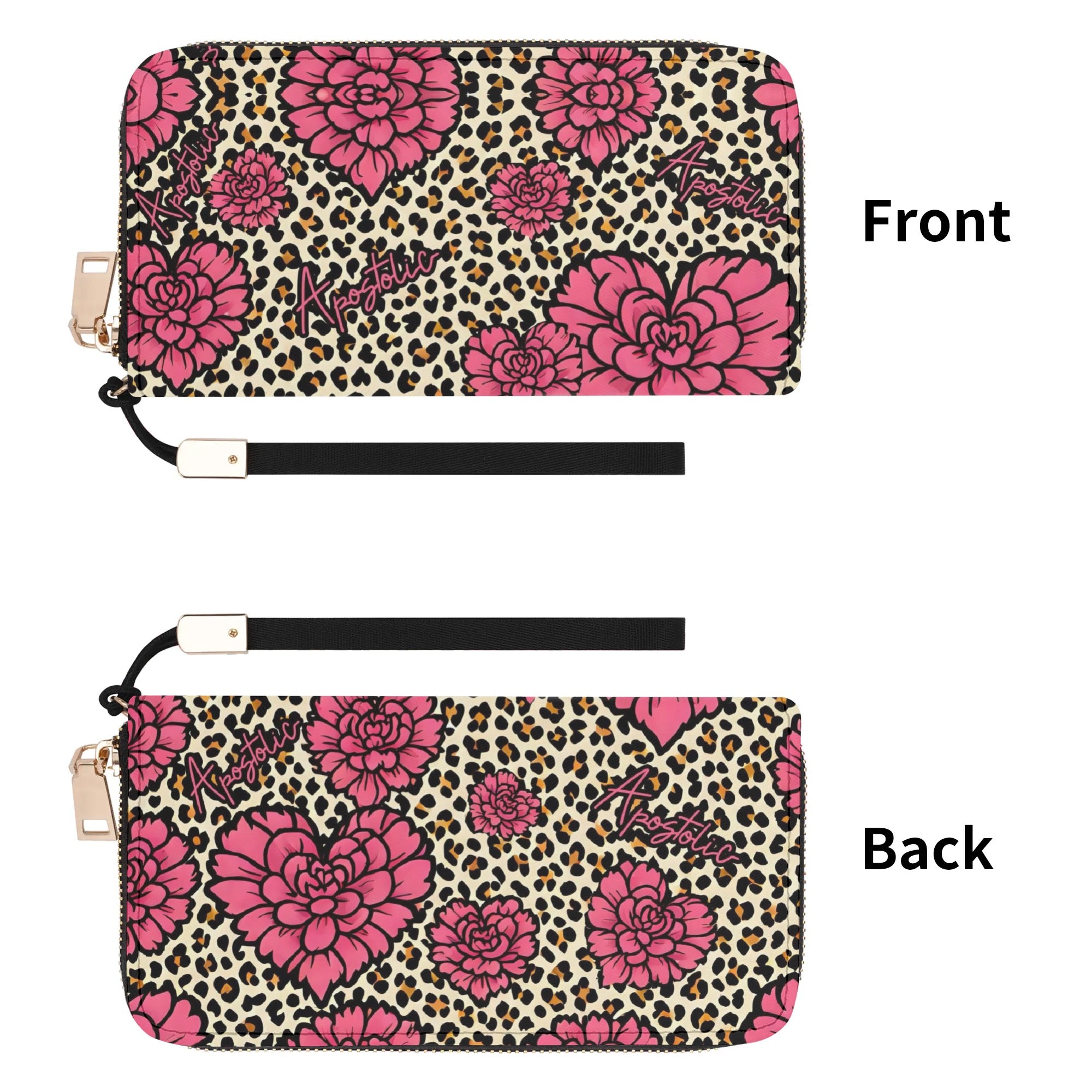 Apostolic Ladies Leopard Print Wristlet Wallet with Pink Flowers and Zipper