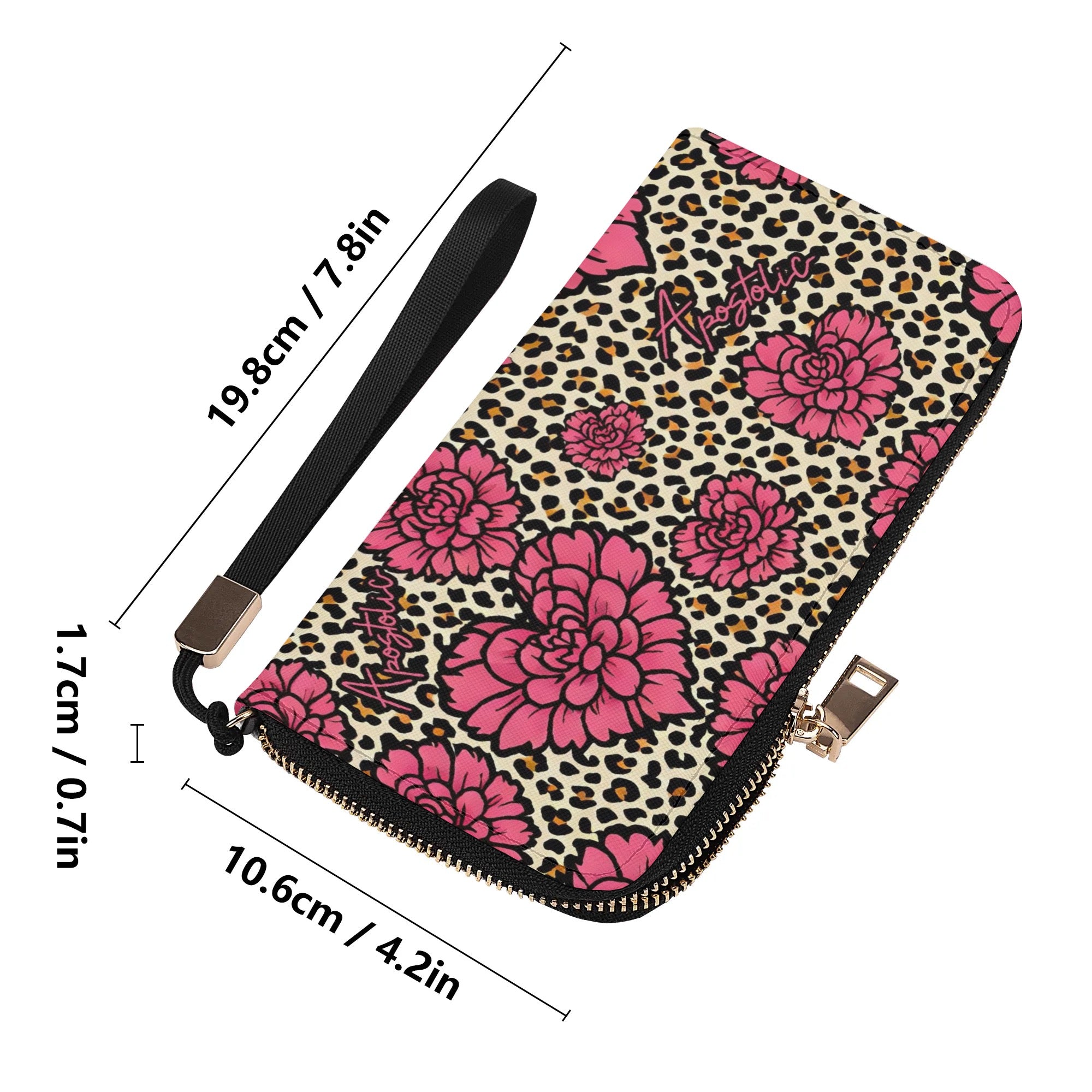 Apostolic Ladies Leopard Print Wristlet Wallet with Pink Flowers and Zipper