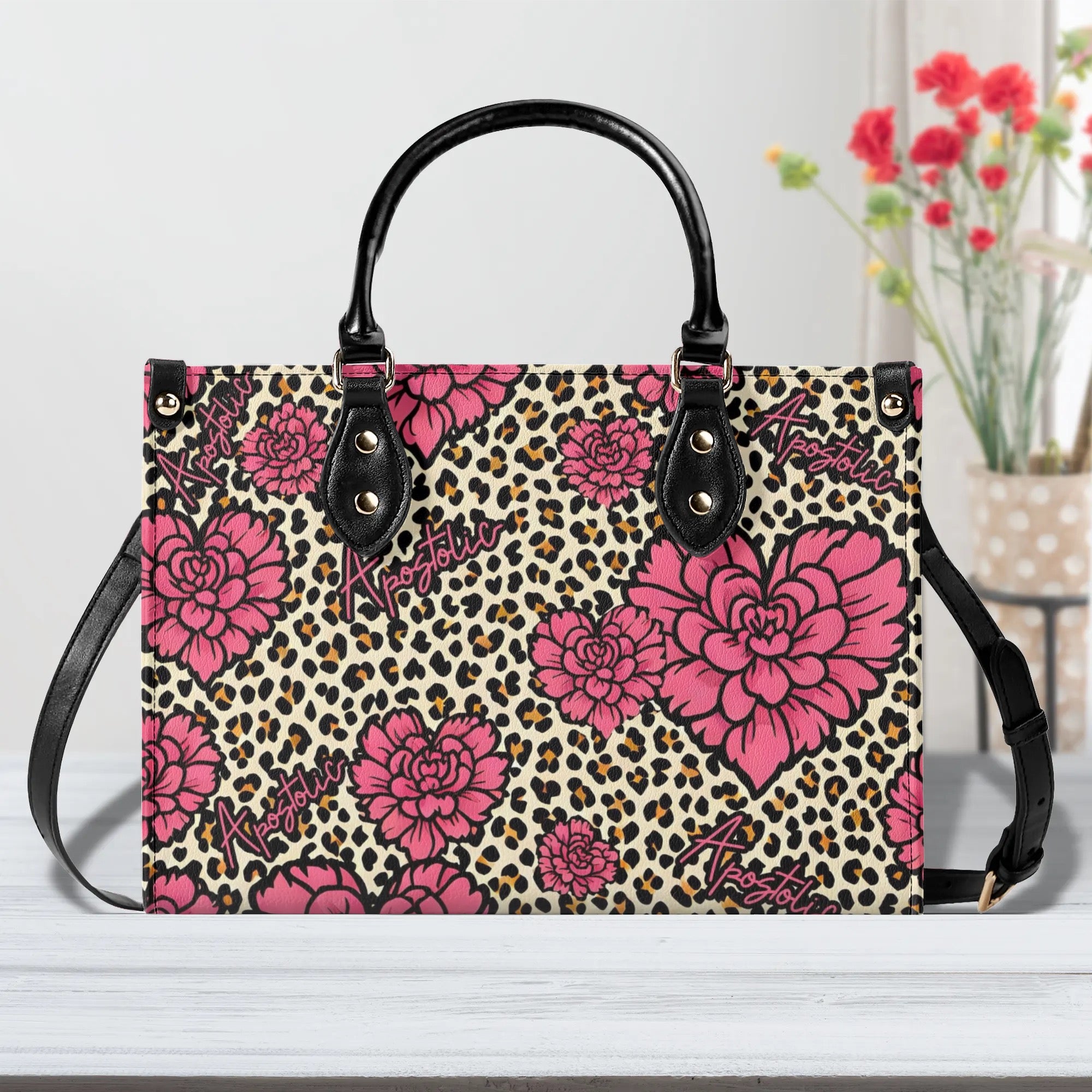 Apostolic Pink Flowers and Leopard Print Cheetah Print Women PU Leather Handbag