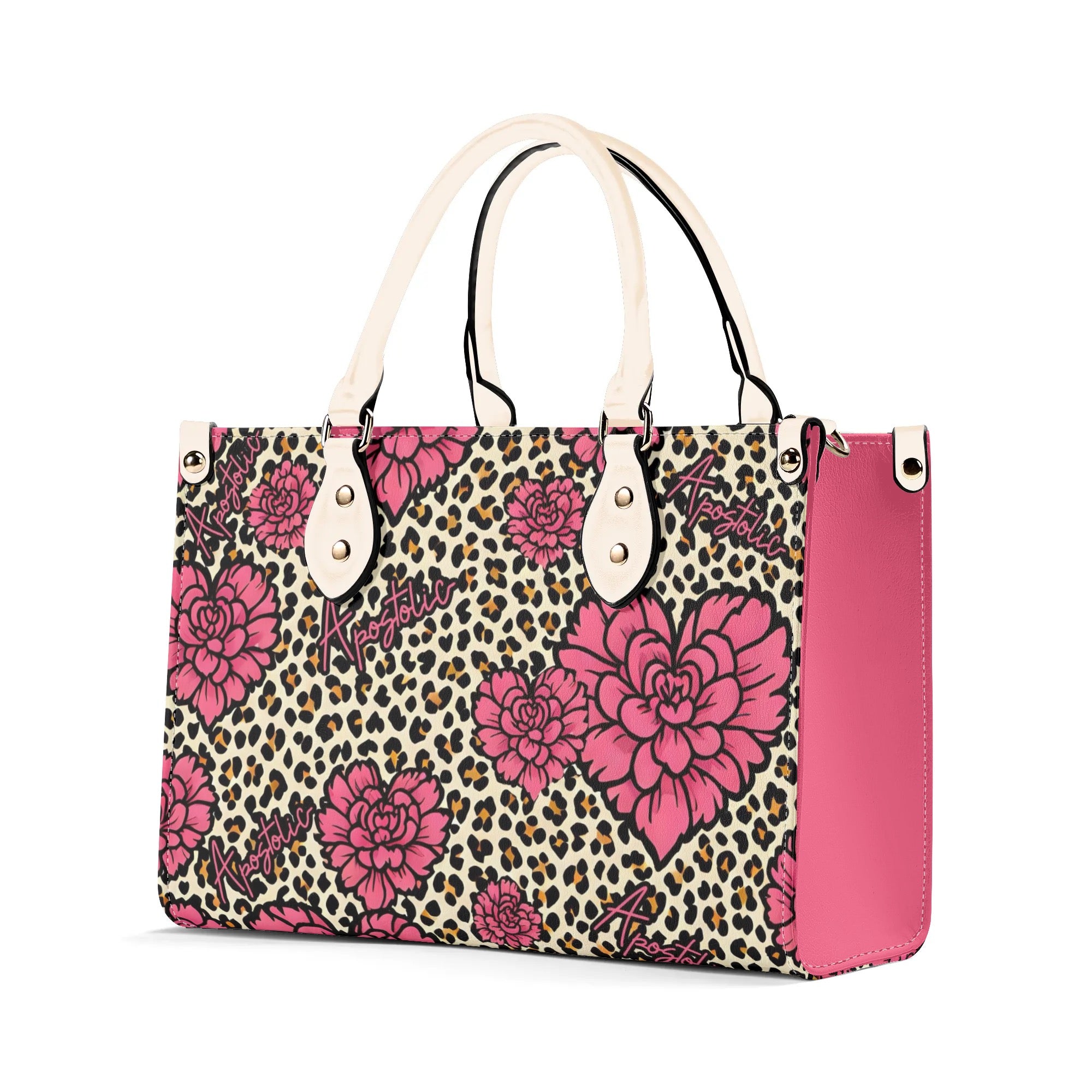 Apostolic Pink Flowers and Leopard Print Cheetah Print Women PU Leather Handbag