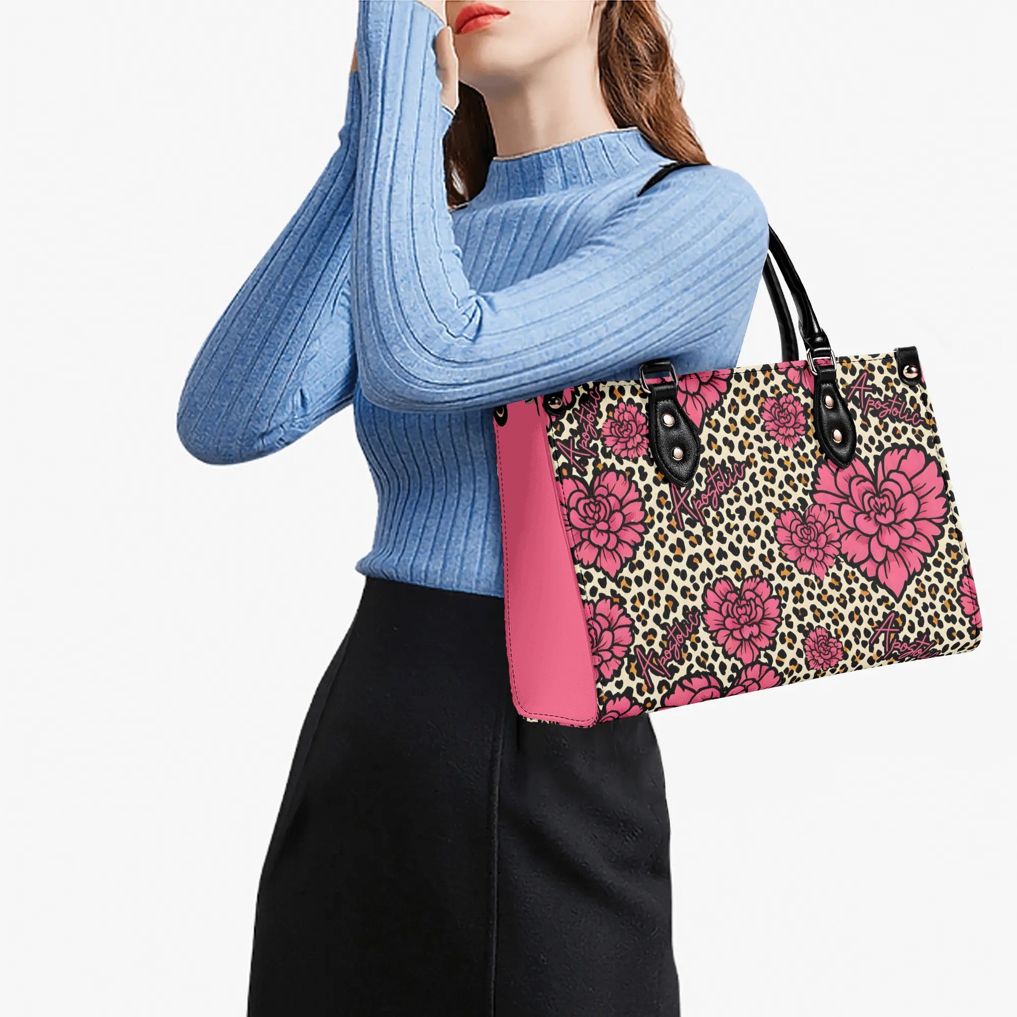 Apostolic Pink Flowers and Leopard Print Cheetah Print Women PU Leather Handbag