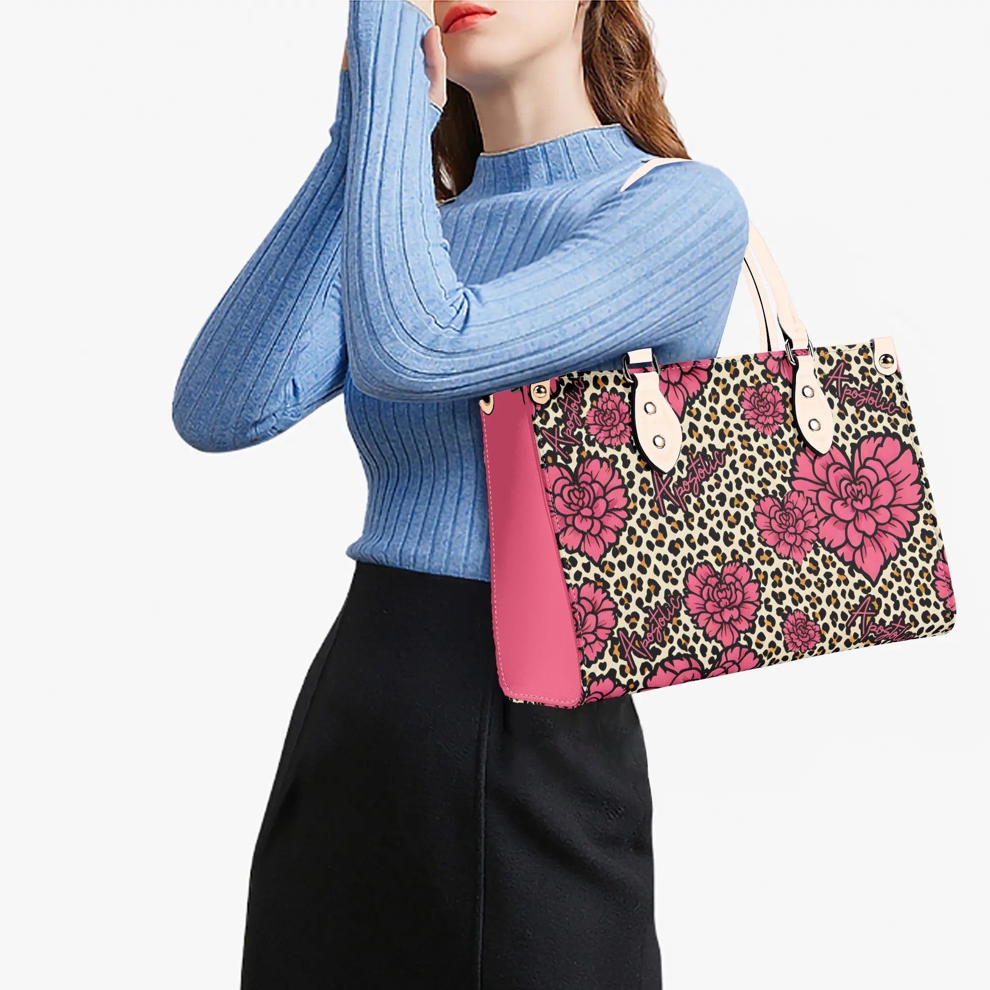 Apostolic Pink Flowers and Leopard Print Cheetah Print Women PU Leather Handbag