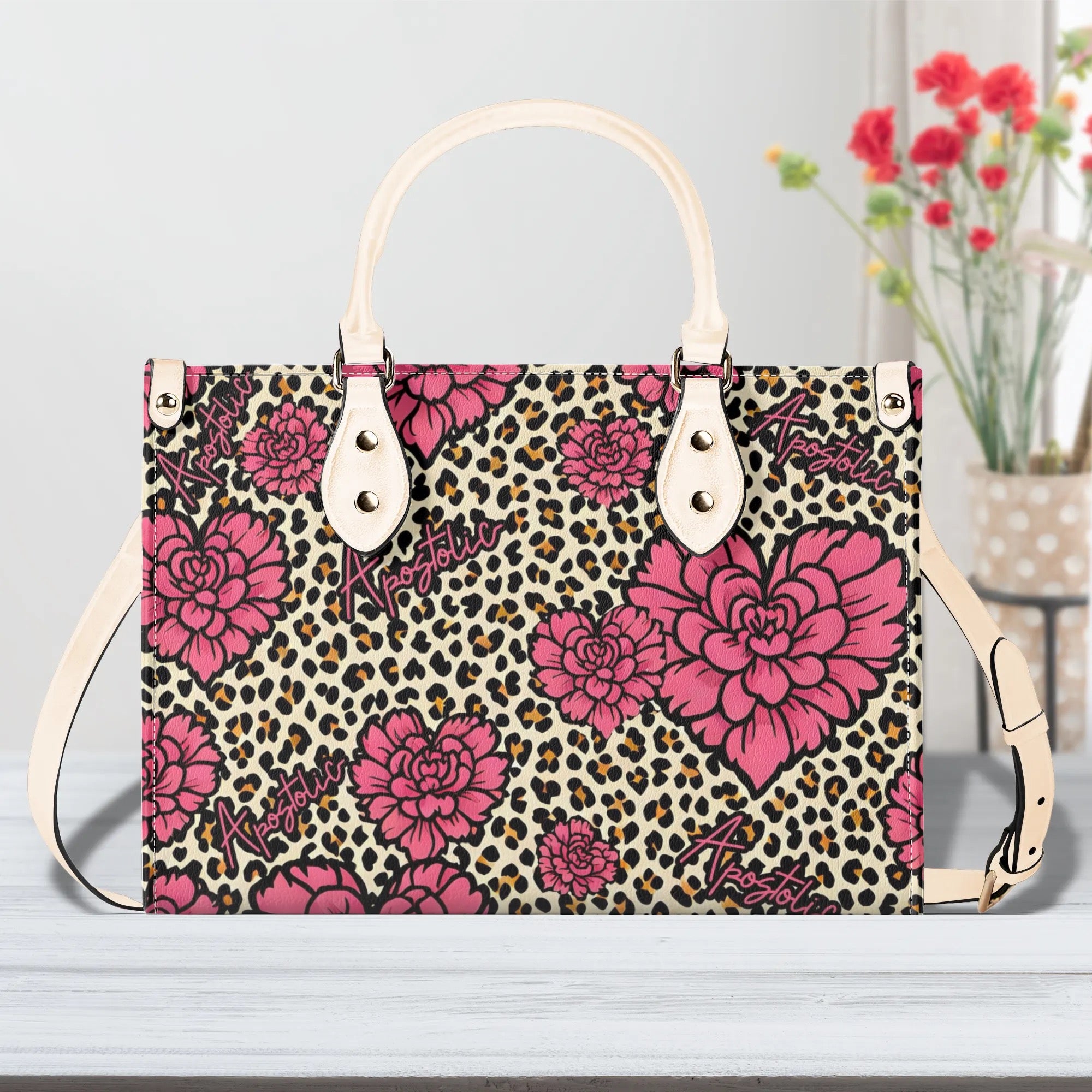 Apostolic Pink Flowers and Leopard Print Cheetah Print Women PU Leather Handbag