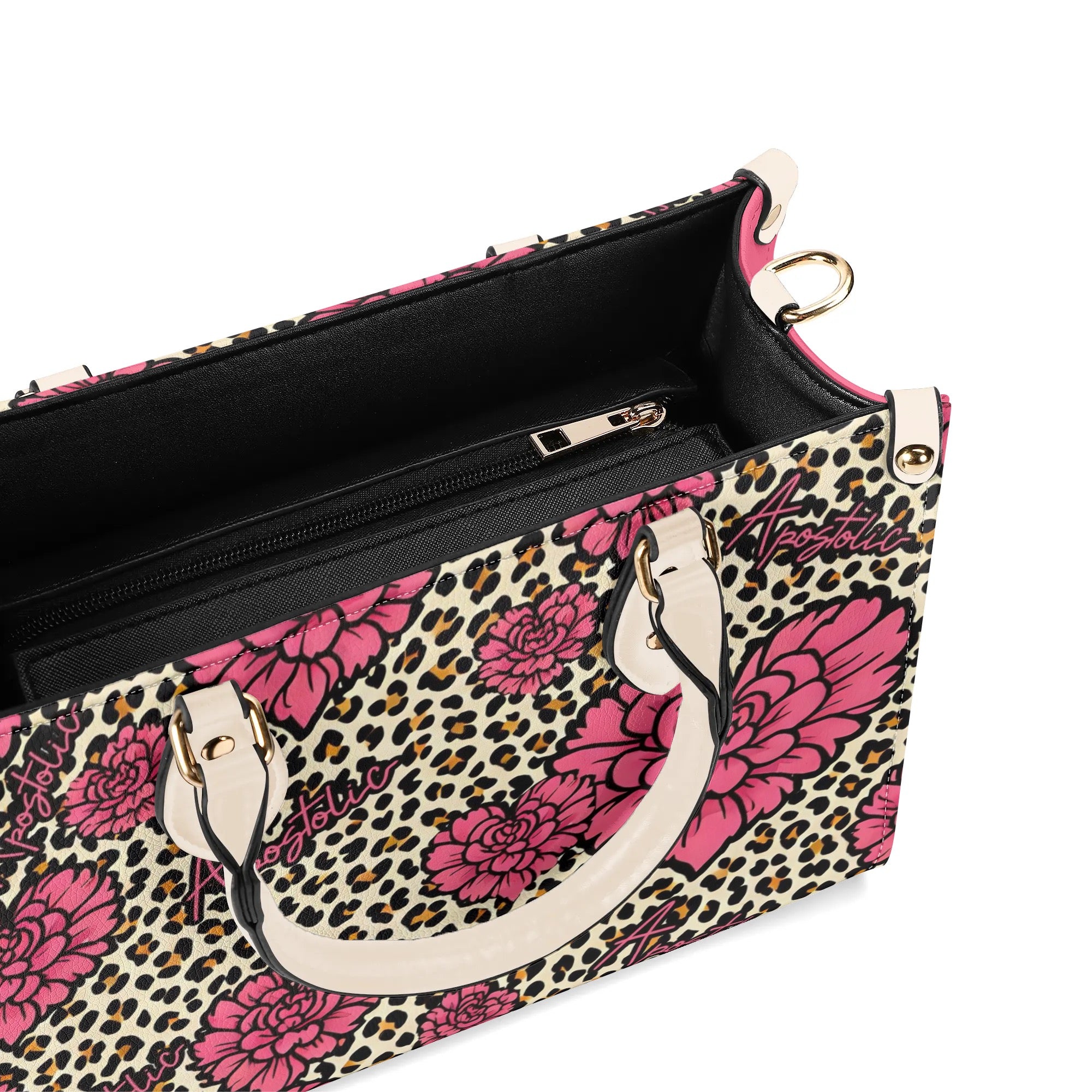 Apostolic Pink Flowers and Leopard Print Cheetah Print Women PU Leather Handbag