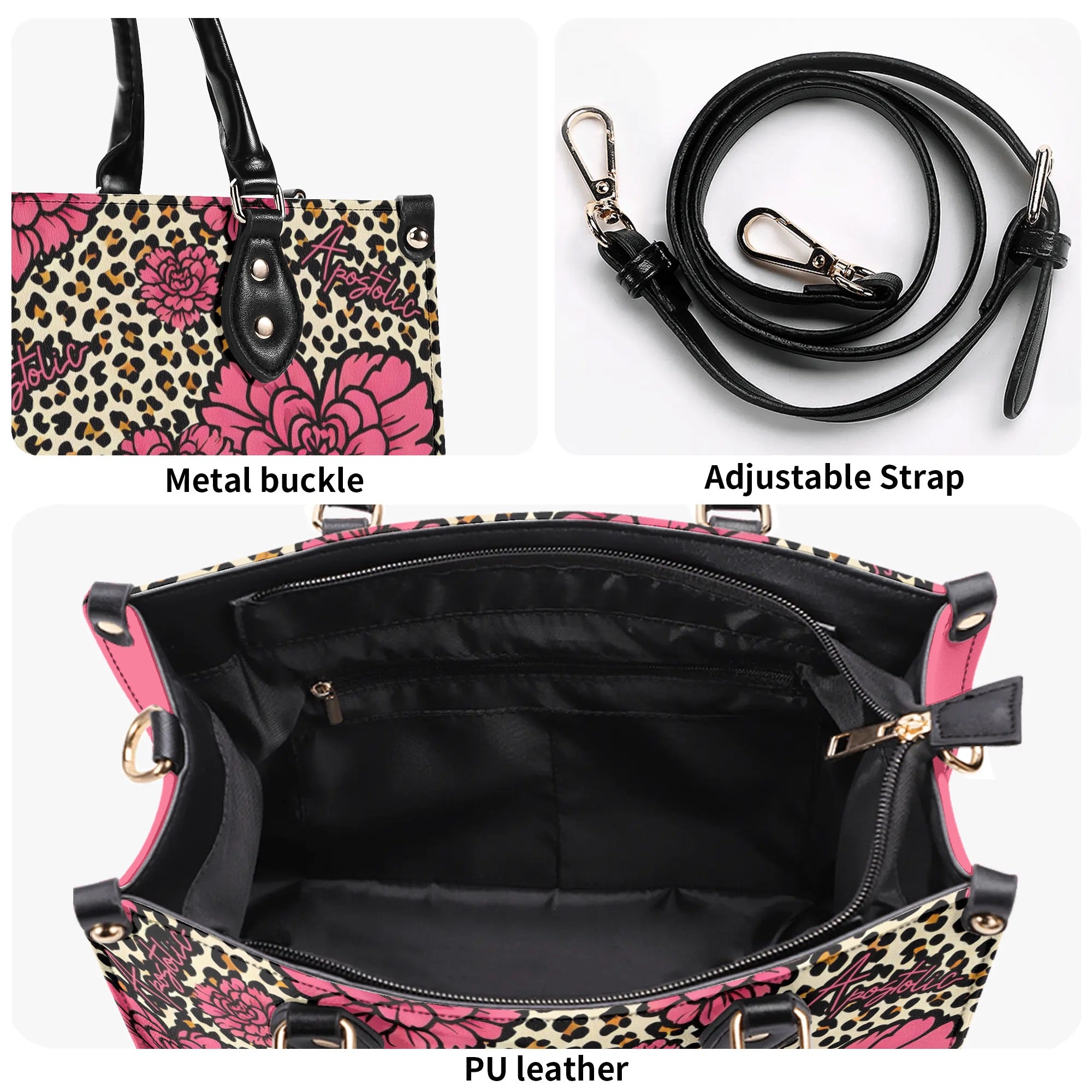 Apostolic Pink Flowers and Leopard Print Cheetah Print Women PU Leather Handbag