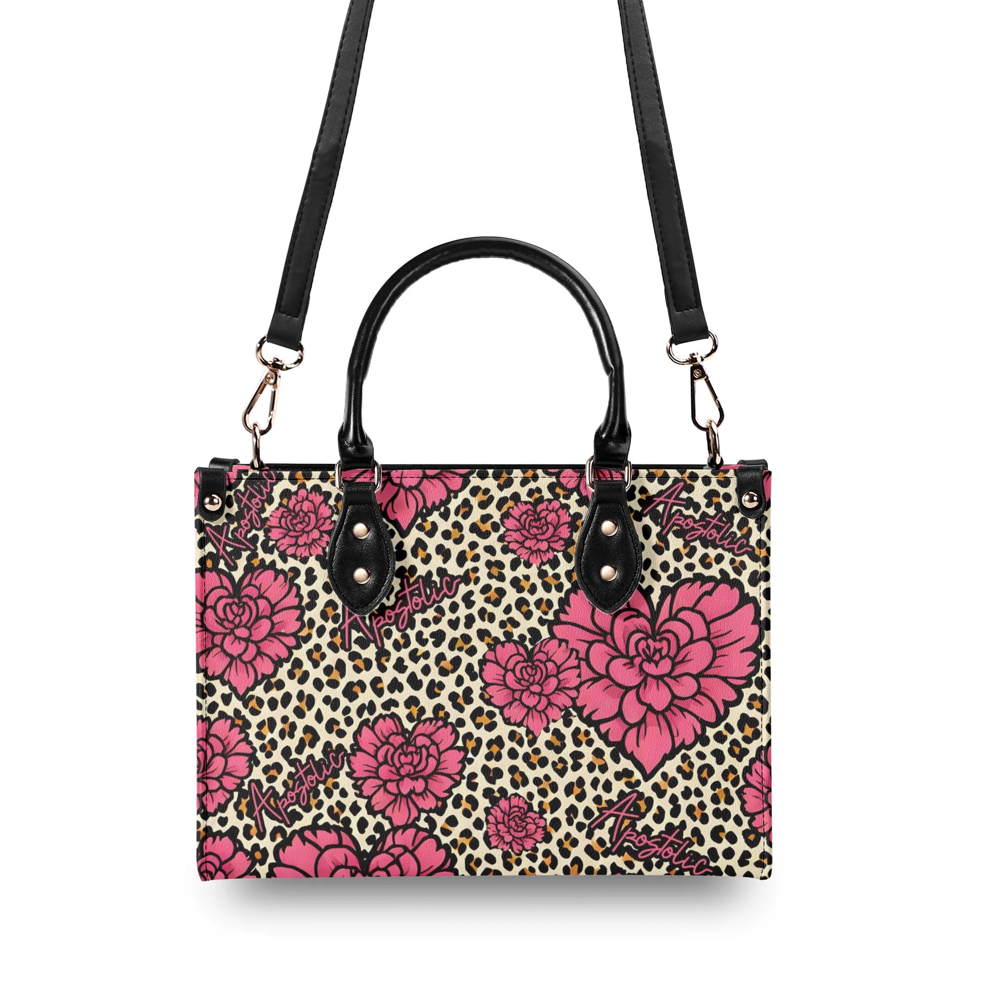 Apostolic Pink Flowers and Leopard Print Cheetah Print Women PU Leather Handbag