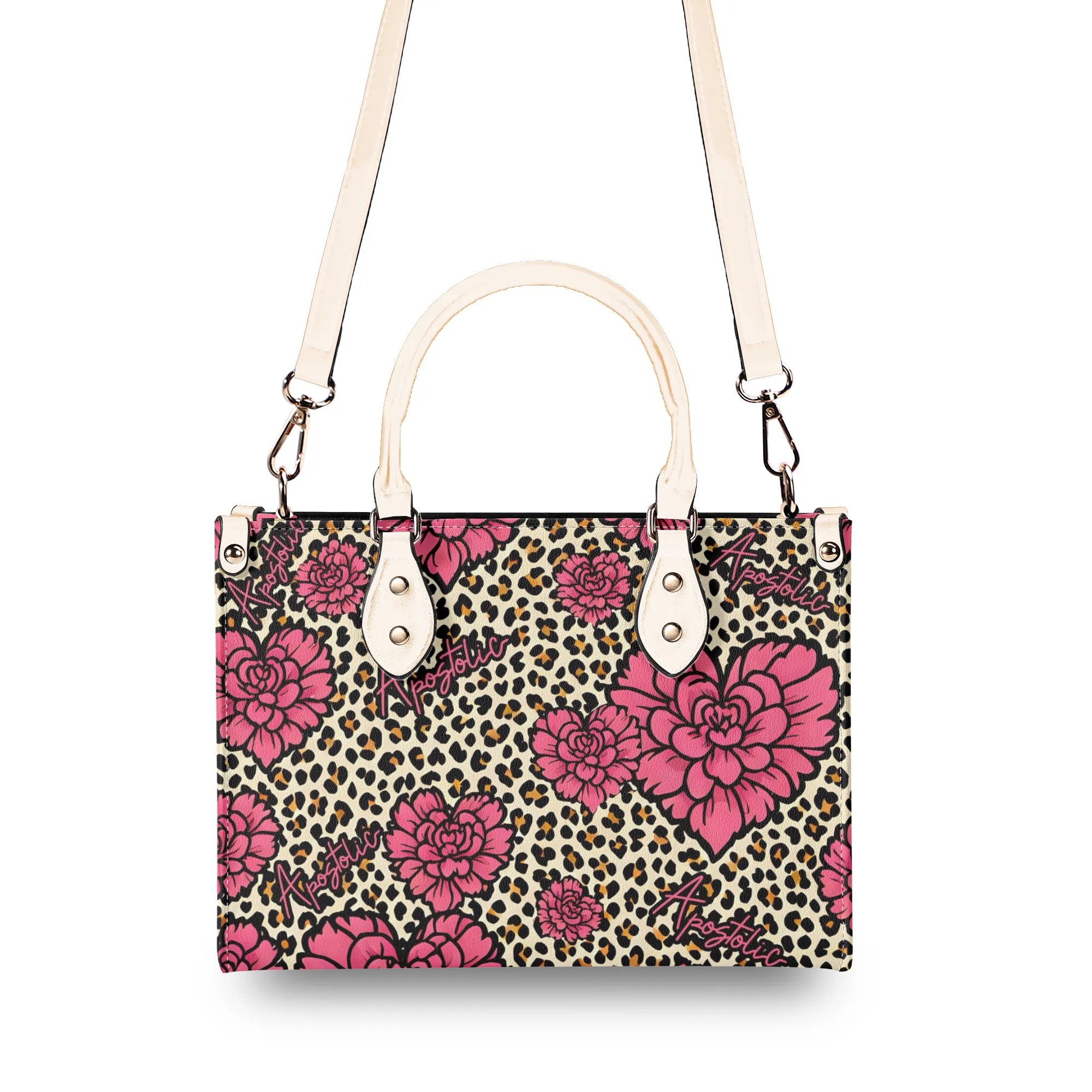 Apostolic Pink Flowers and Leopard Print Cheetah Print Women PU Leather Handbag