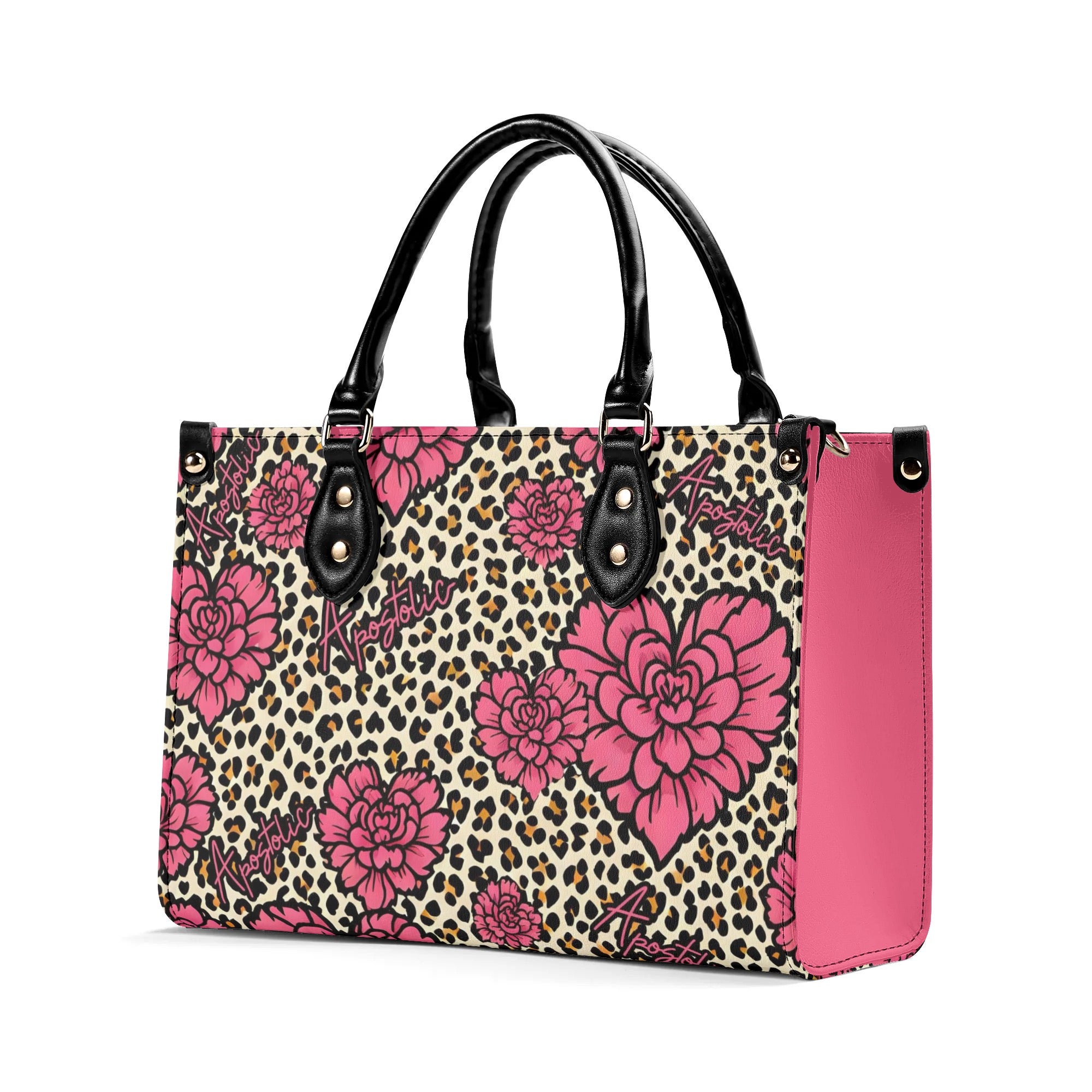 Apostolic Pink Flowers and Leopard Print Cheetah Print Women PU Leather Handbag