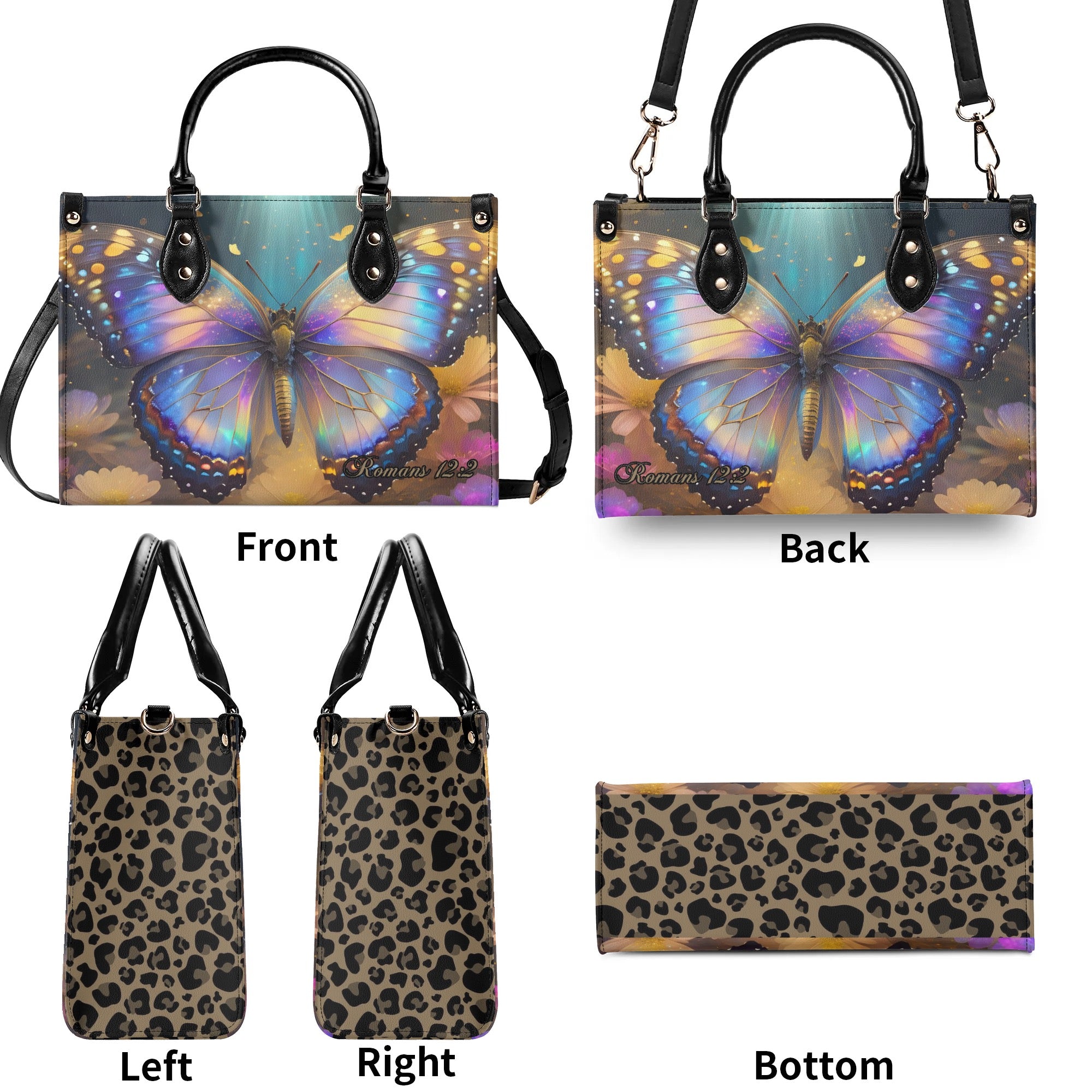 Romans 12:2 Butterfly Cheetah Leopard Print Christian Women PU Leather Handbag