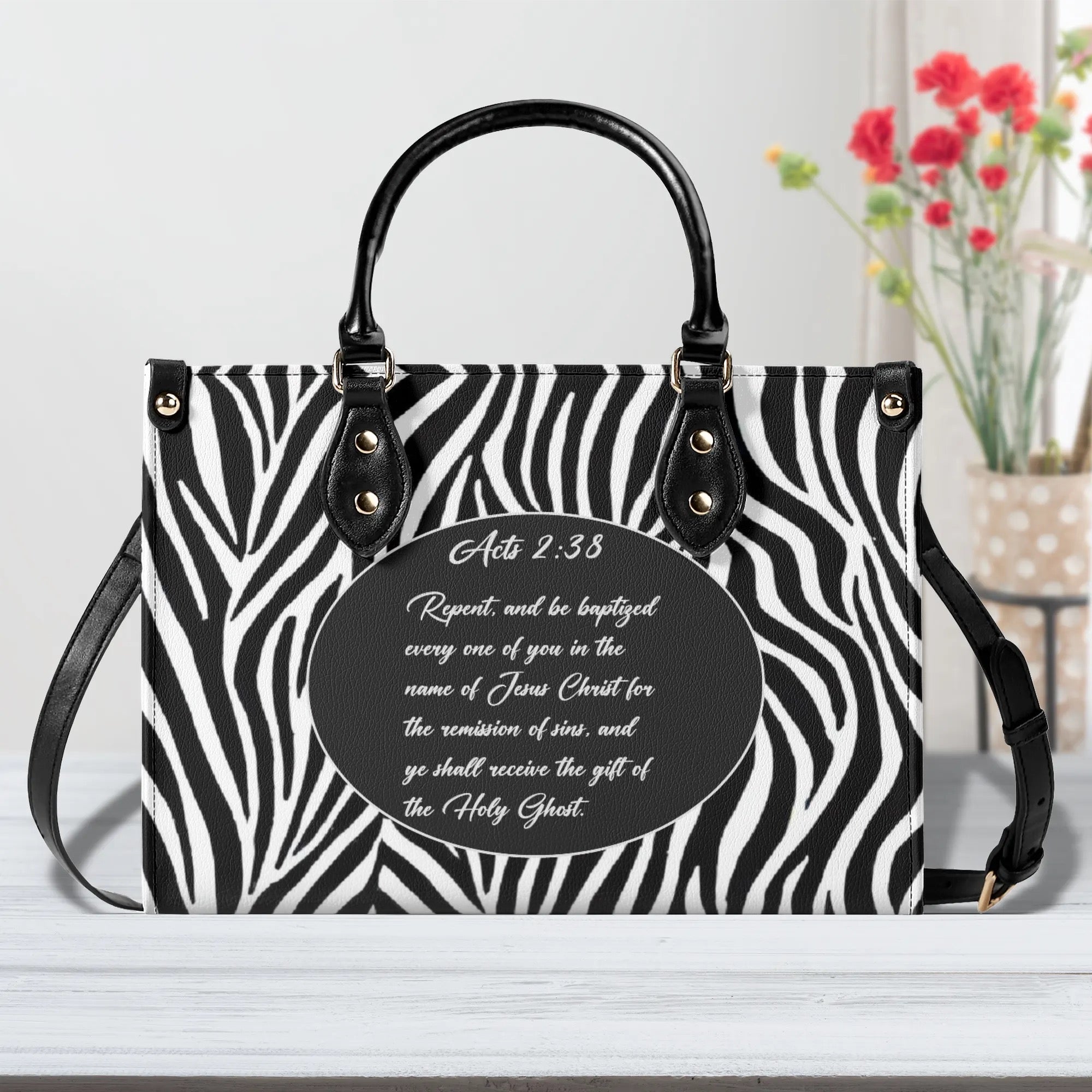 Acts 2:38 Apostolic Zebra Print Women PU Leather Handbag