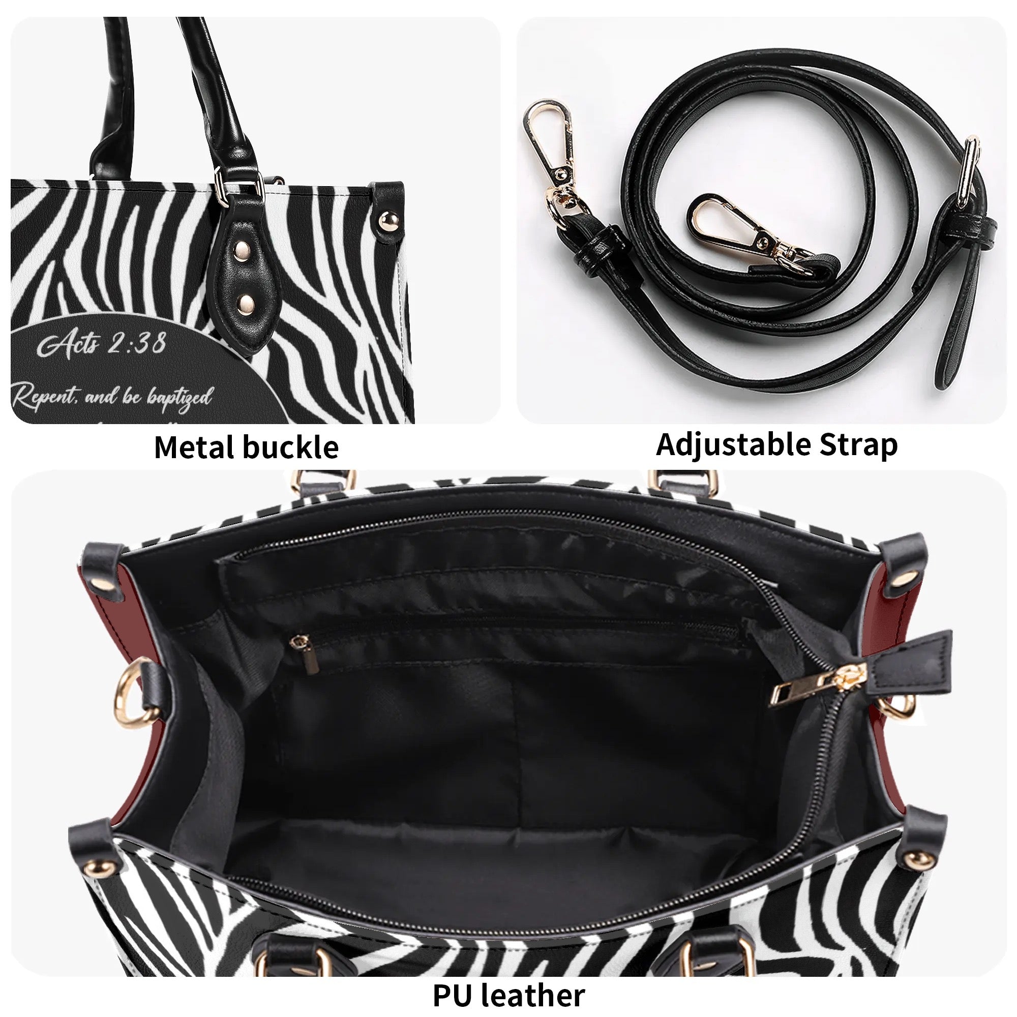 Acts 2:38 Apostolic Zebra Print Women PU Leather Handbag