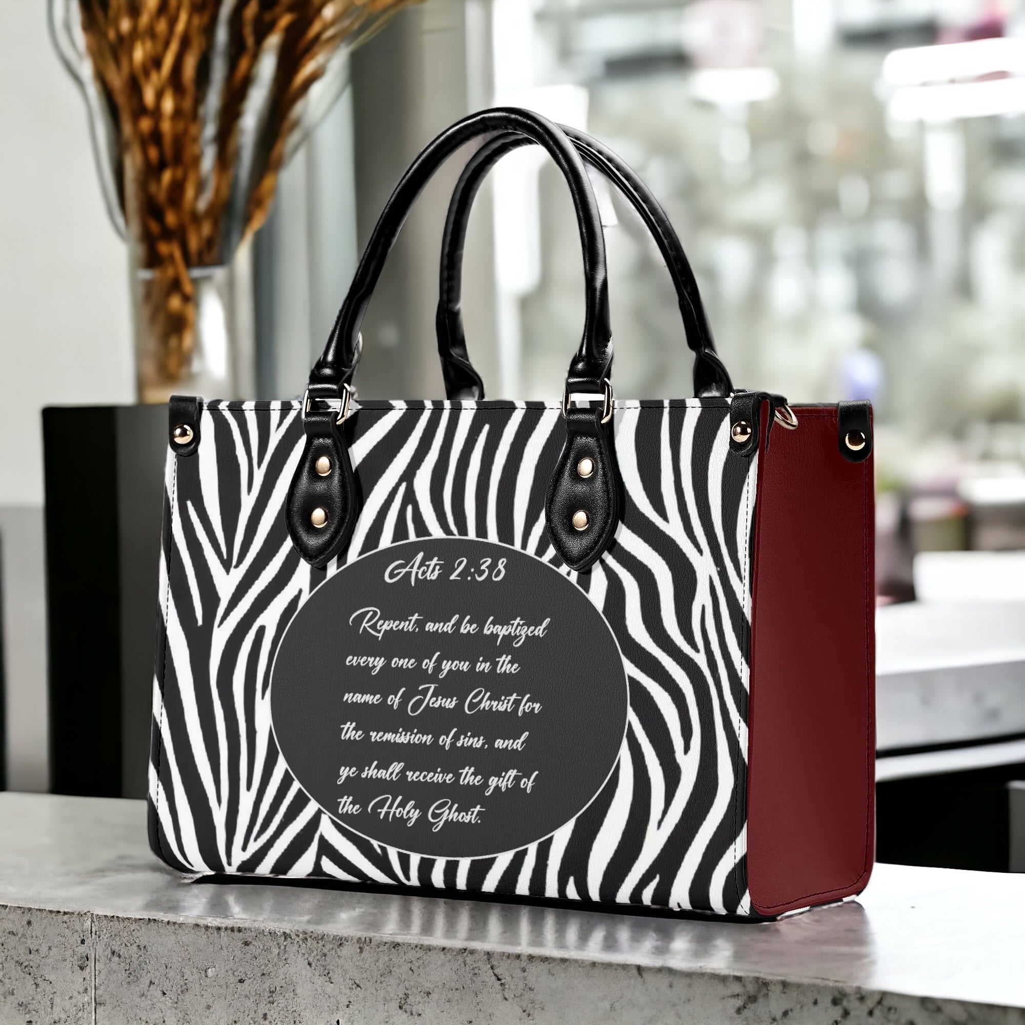 Acts 2:38 Apostolic Zebra Print Women PU Leather Handbag